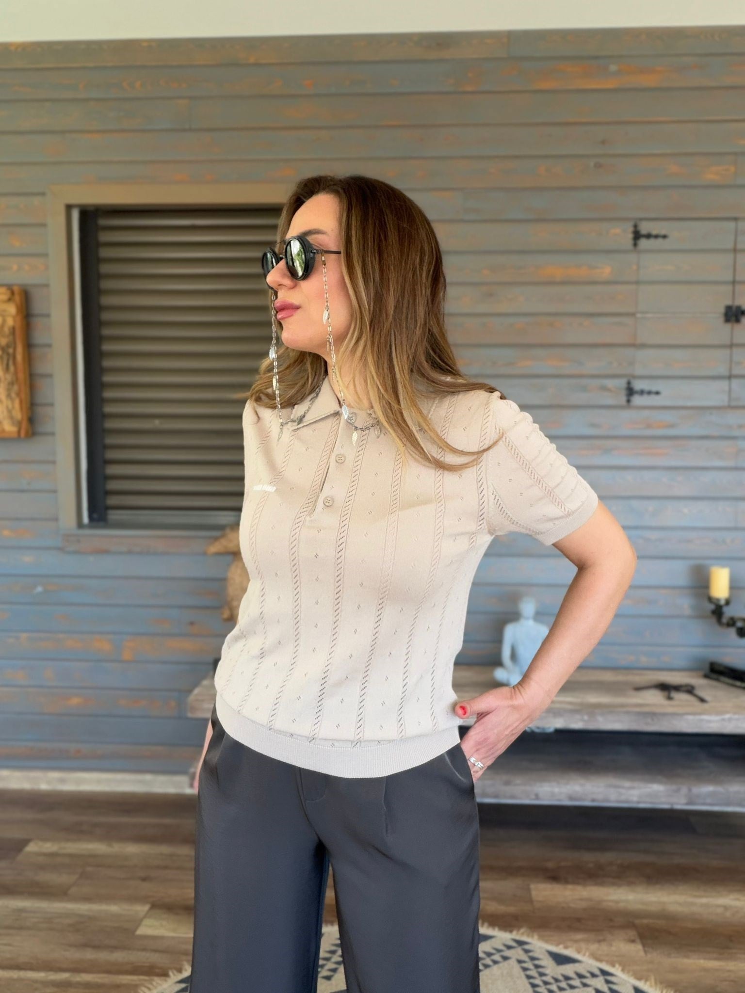 Desenli Yakalı Triko T-Shirt