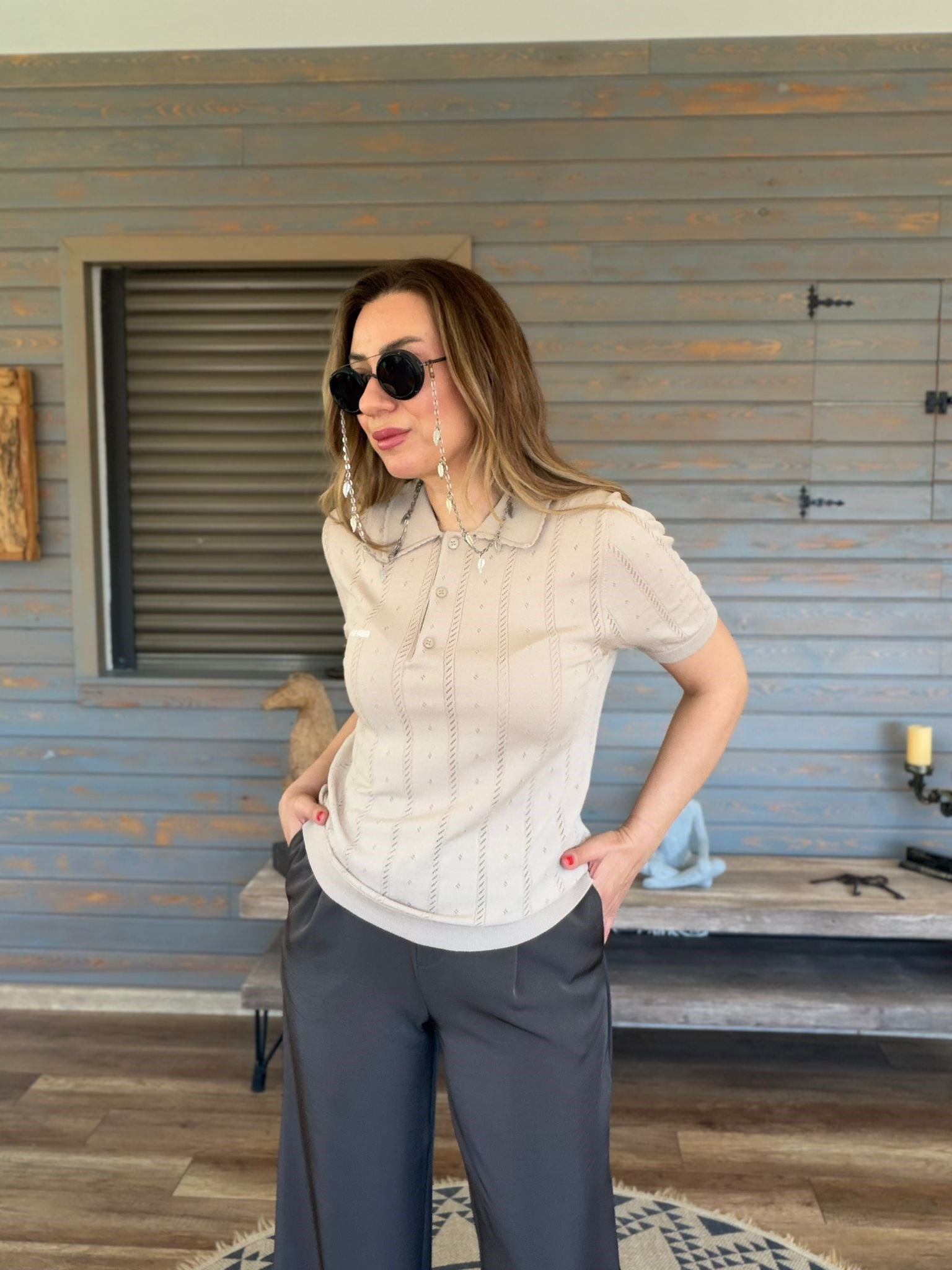 Desenli Yakalı Triko T-Shirt