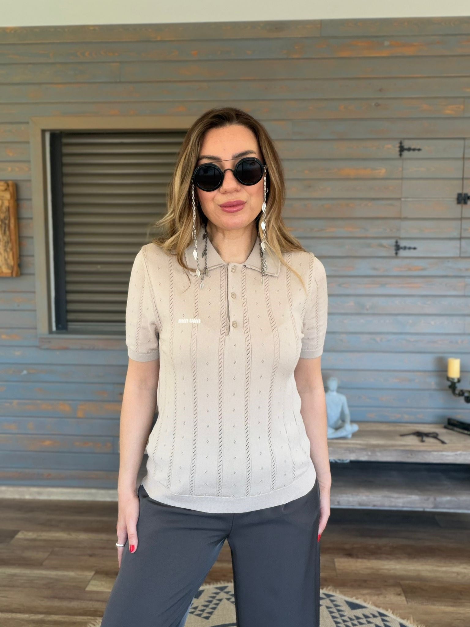 Desenli Yakalı Triko T-Shirt