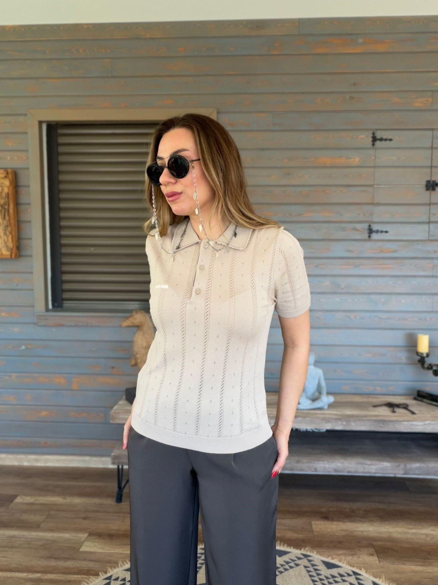 Desenli Yakalı Triko T-Shirt