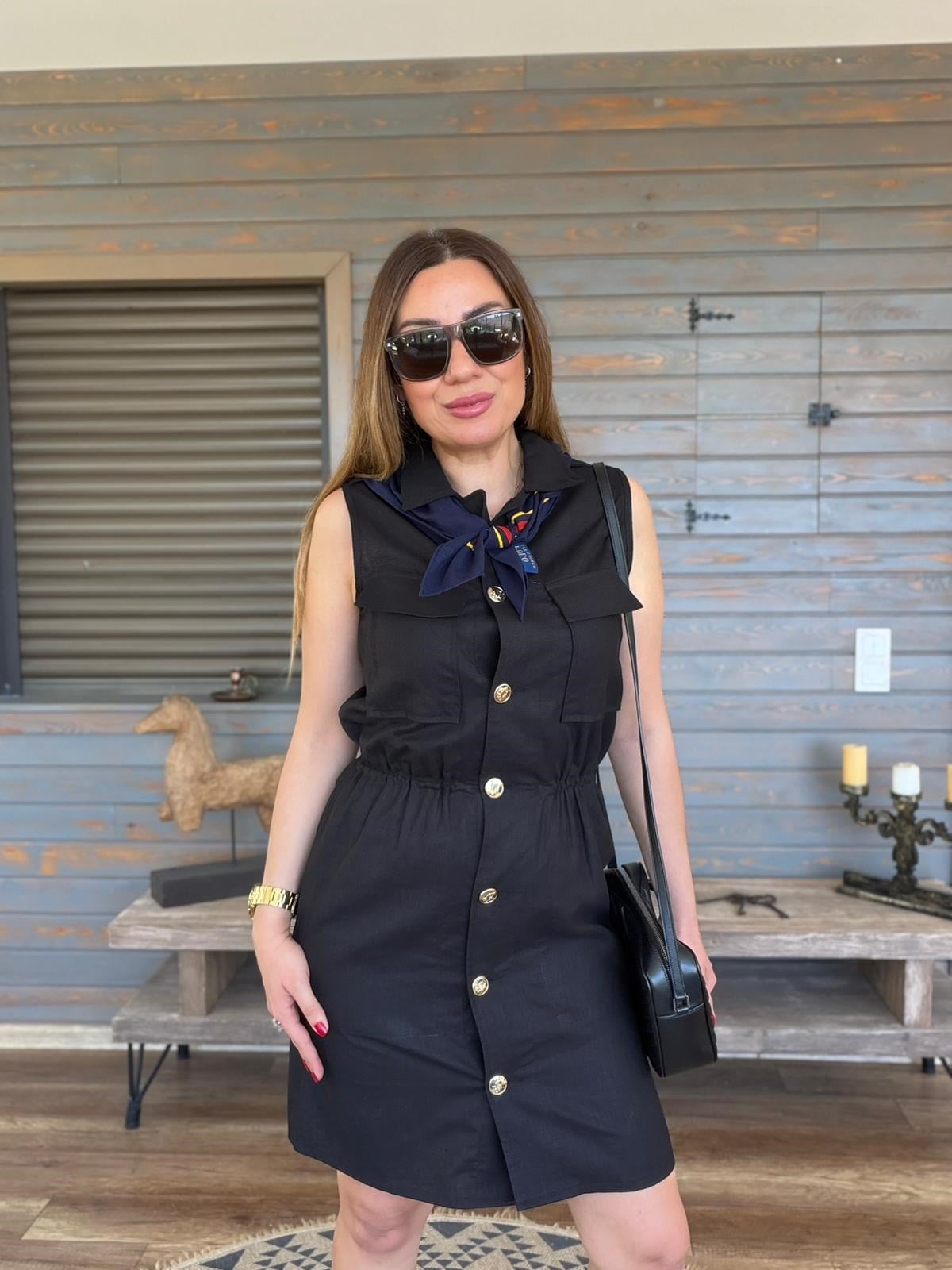 Önü Düğmeli Beli Lastikli Keten Elbise