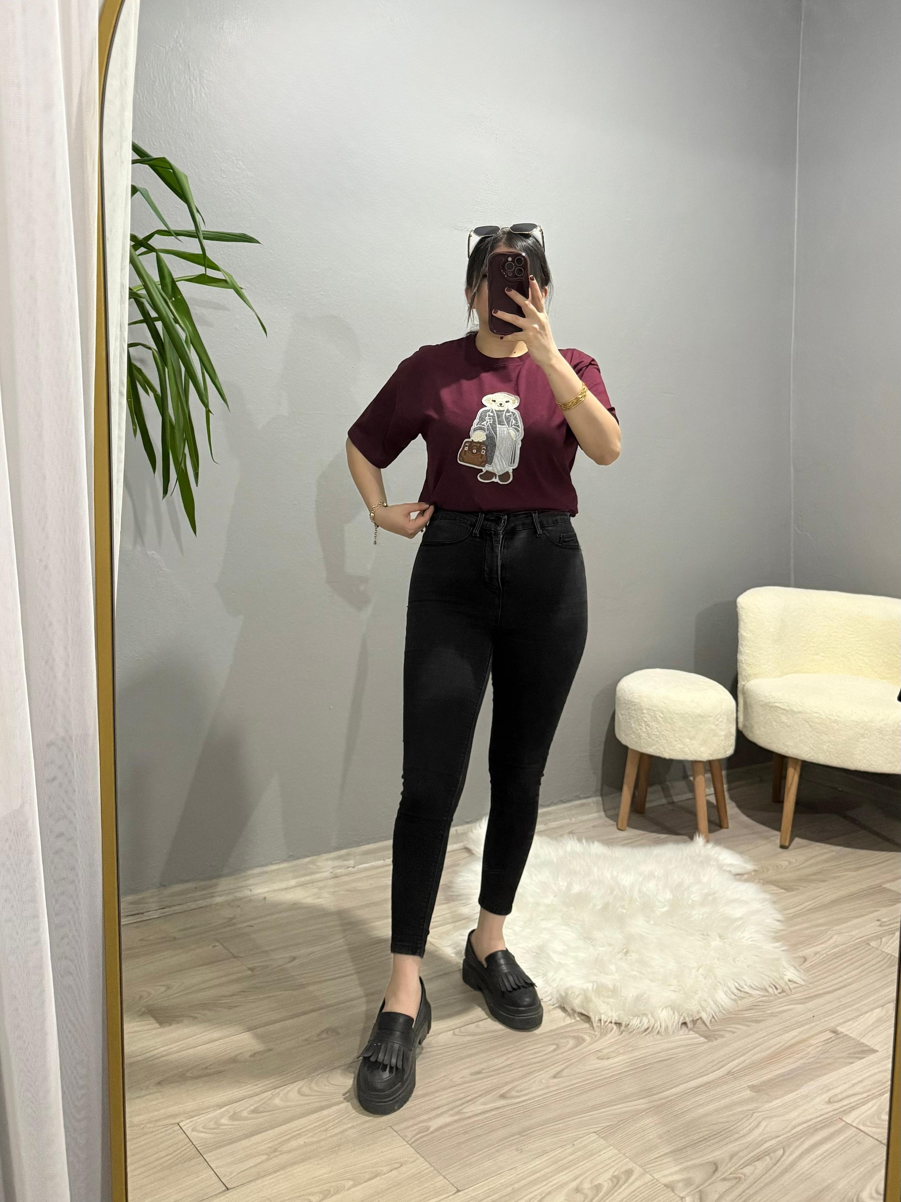 Bisiklet Yaka Ayıcık Detaylı Tshirt - Bordo