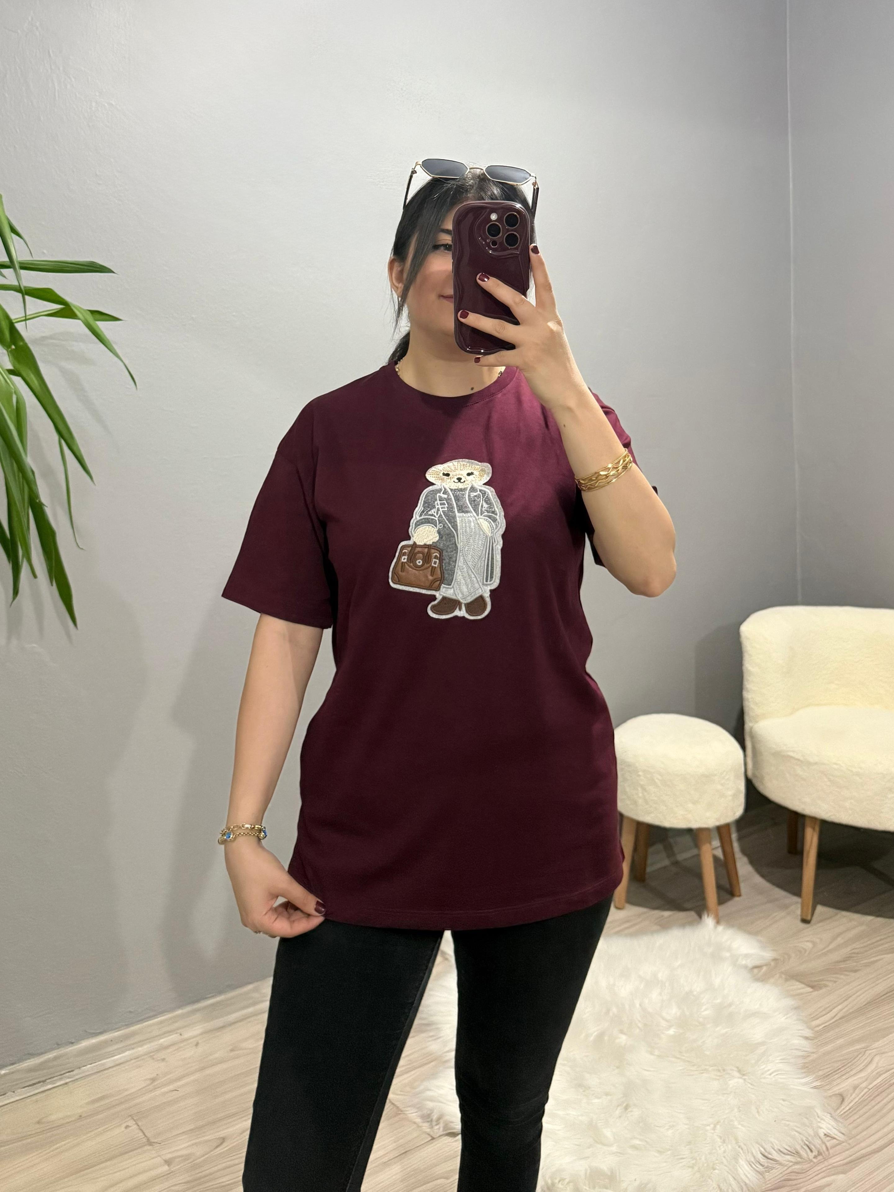 Bisiklet Yaka Ayıcık Detaylı Tshirt - Bordo