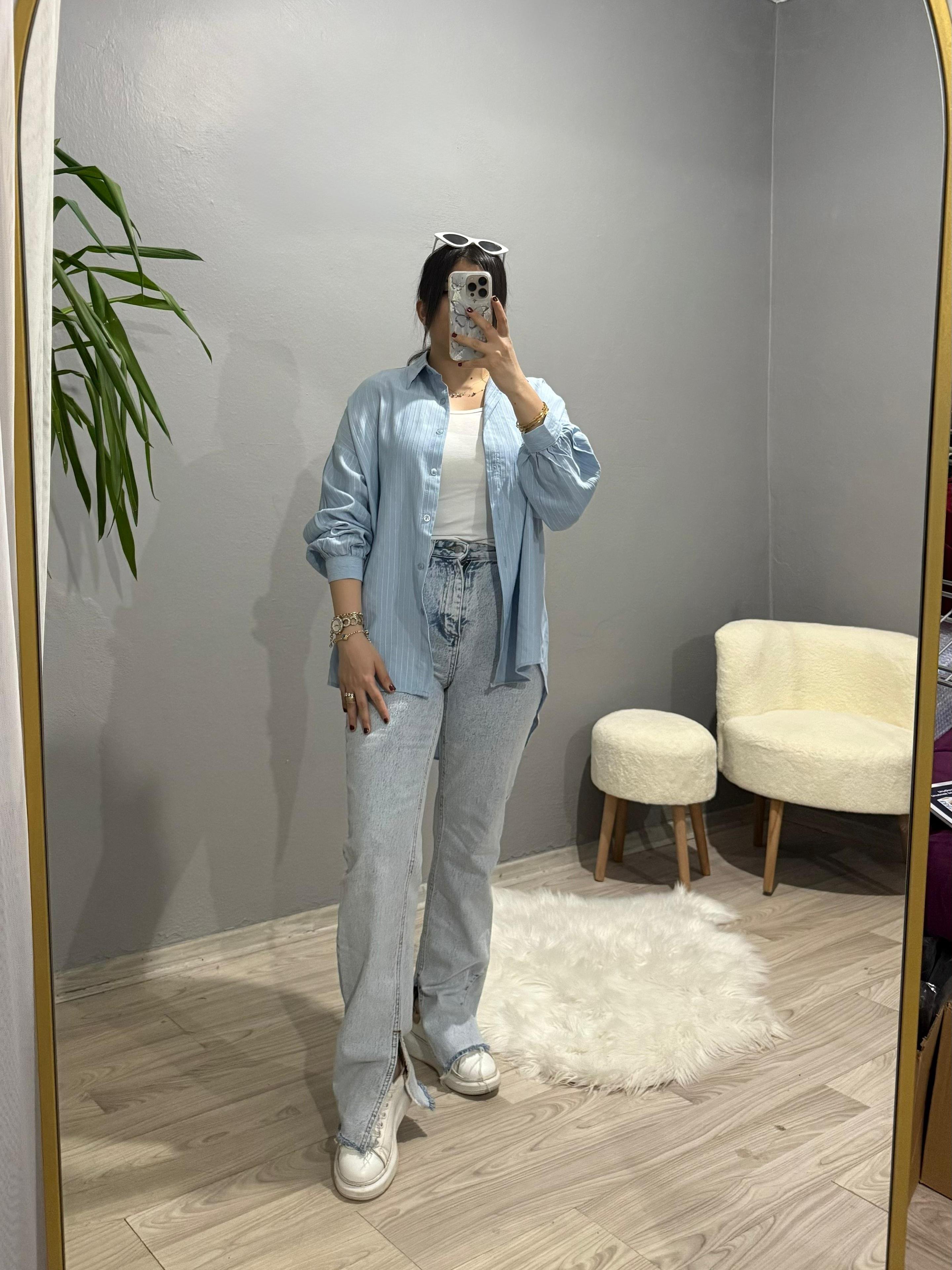 Çizgili Oversize Gömlek - Mavi