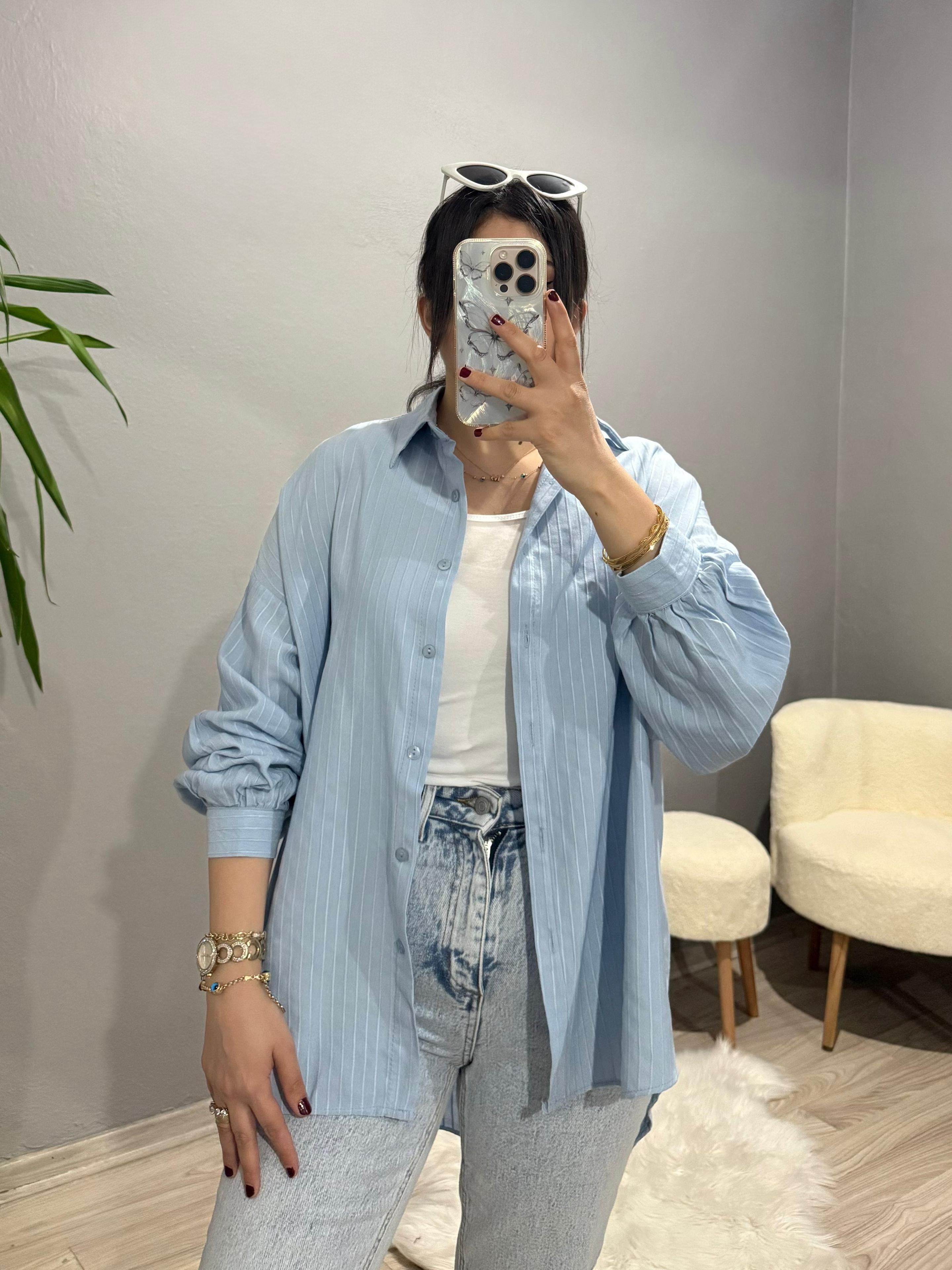 Çizgili Oversize Gömlek - Mavi