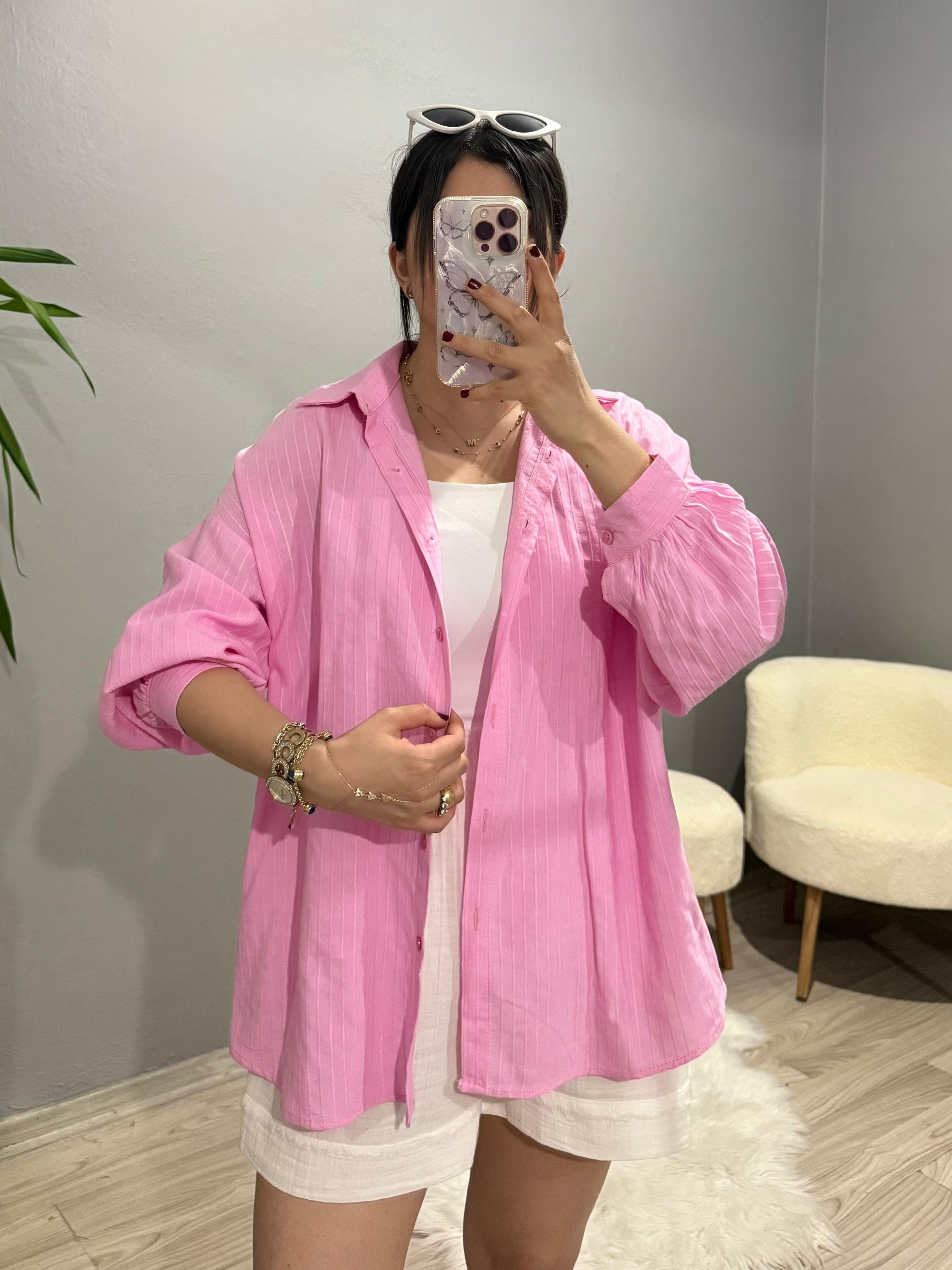 Çizgili Oversize Gömlek - Pembe
