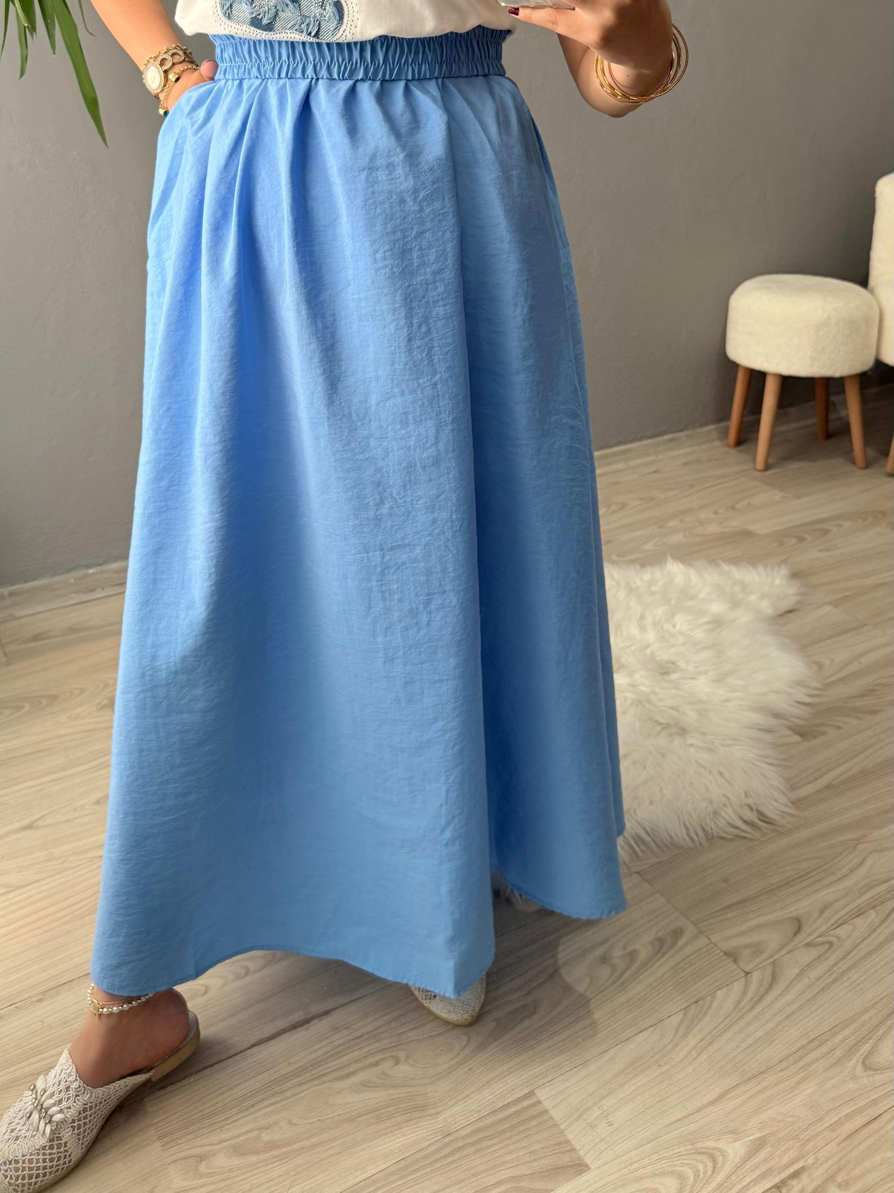 Lüks Kalite Maxi Boy Beli Lastikli Etek - Mavi