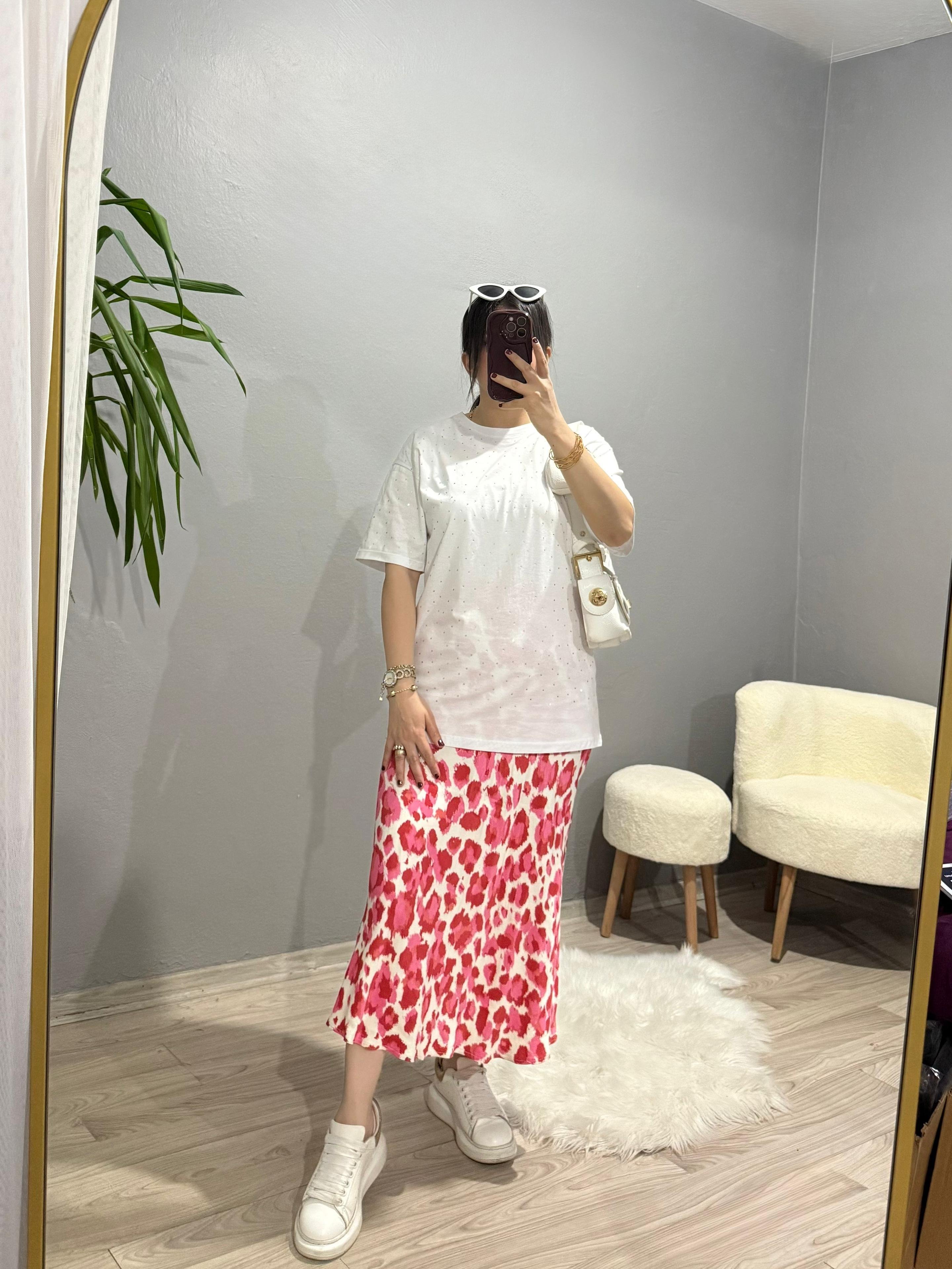 Oversize Taşlı Tshirt - Beyaz