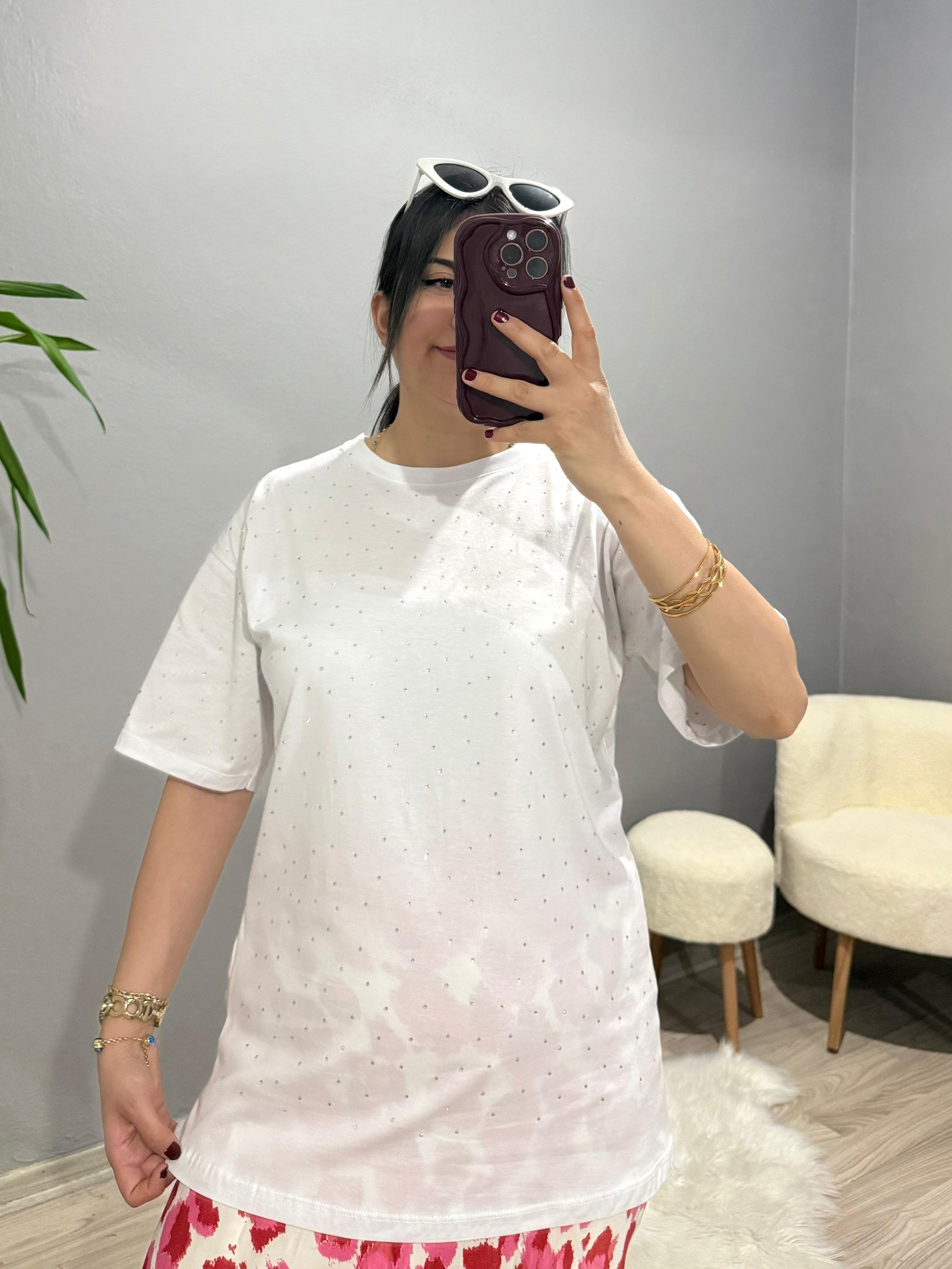 Oversize Taşlı Tshirt - Beyaz