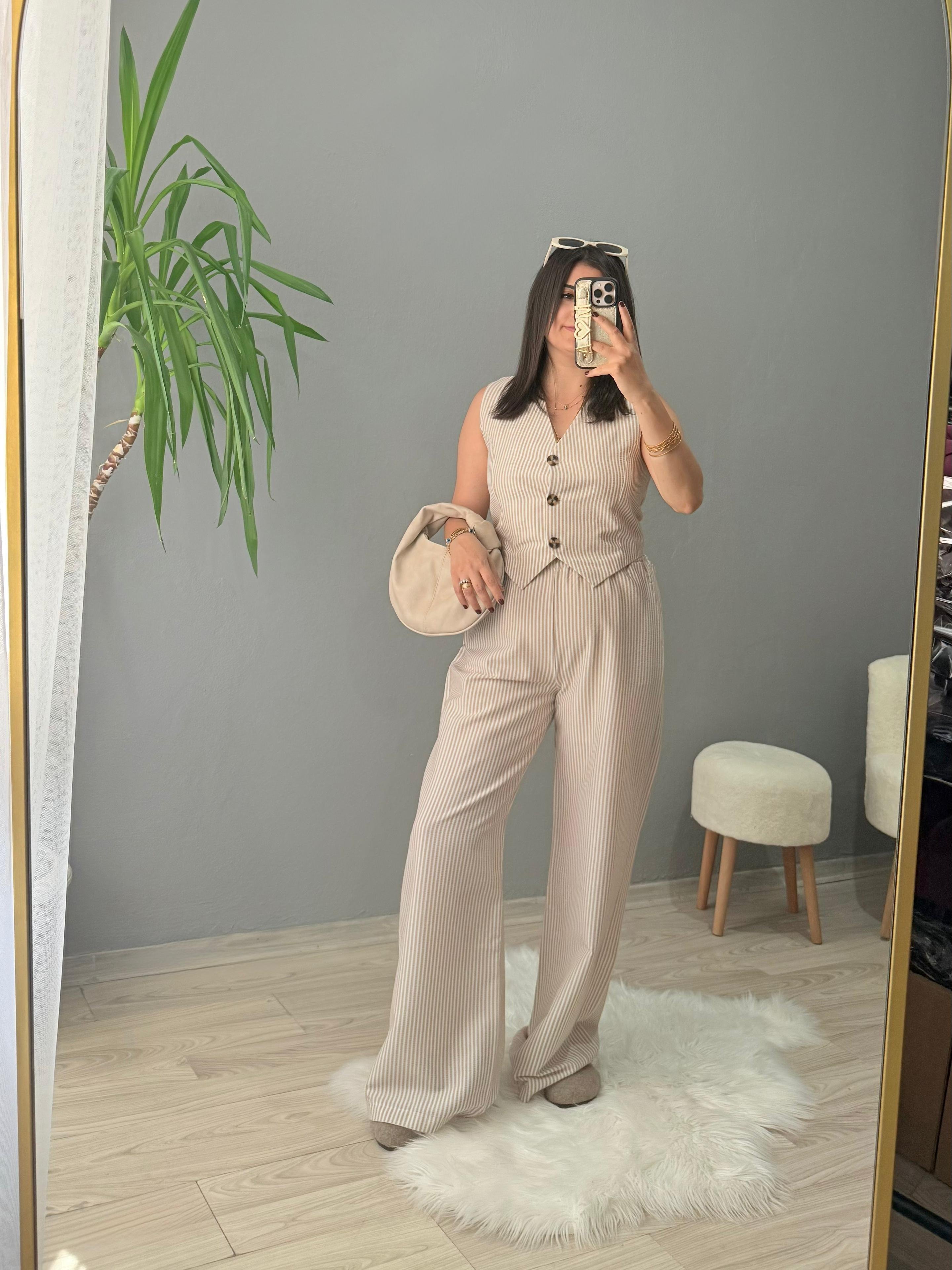 Premium Gofre Çizgili Takım - Bej