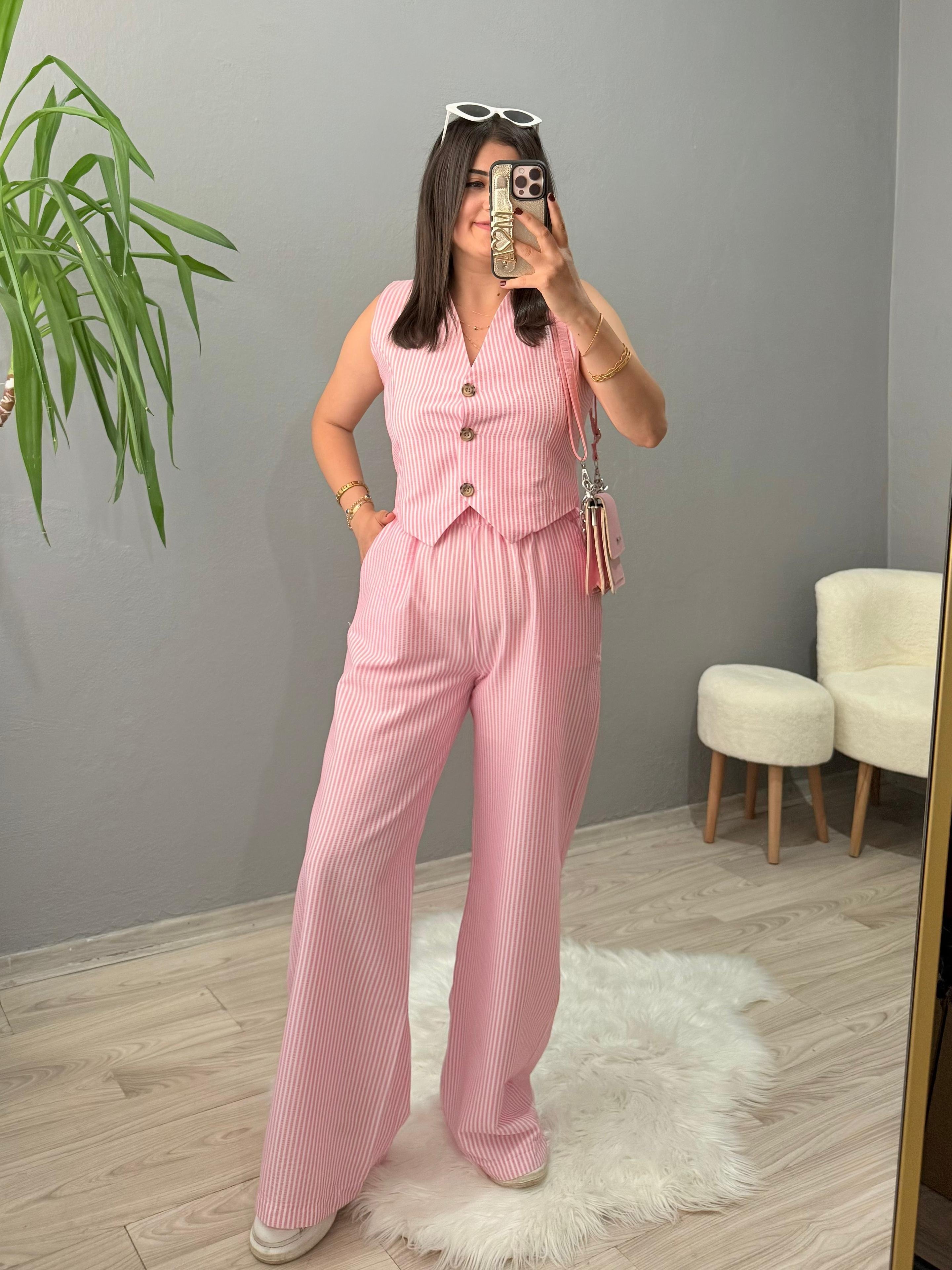 Premium Gofre Çizgili Takım - Pembe