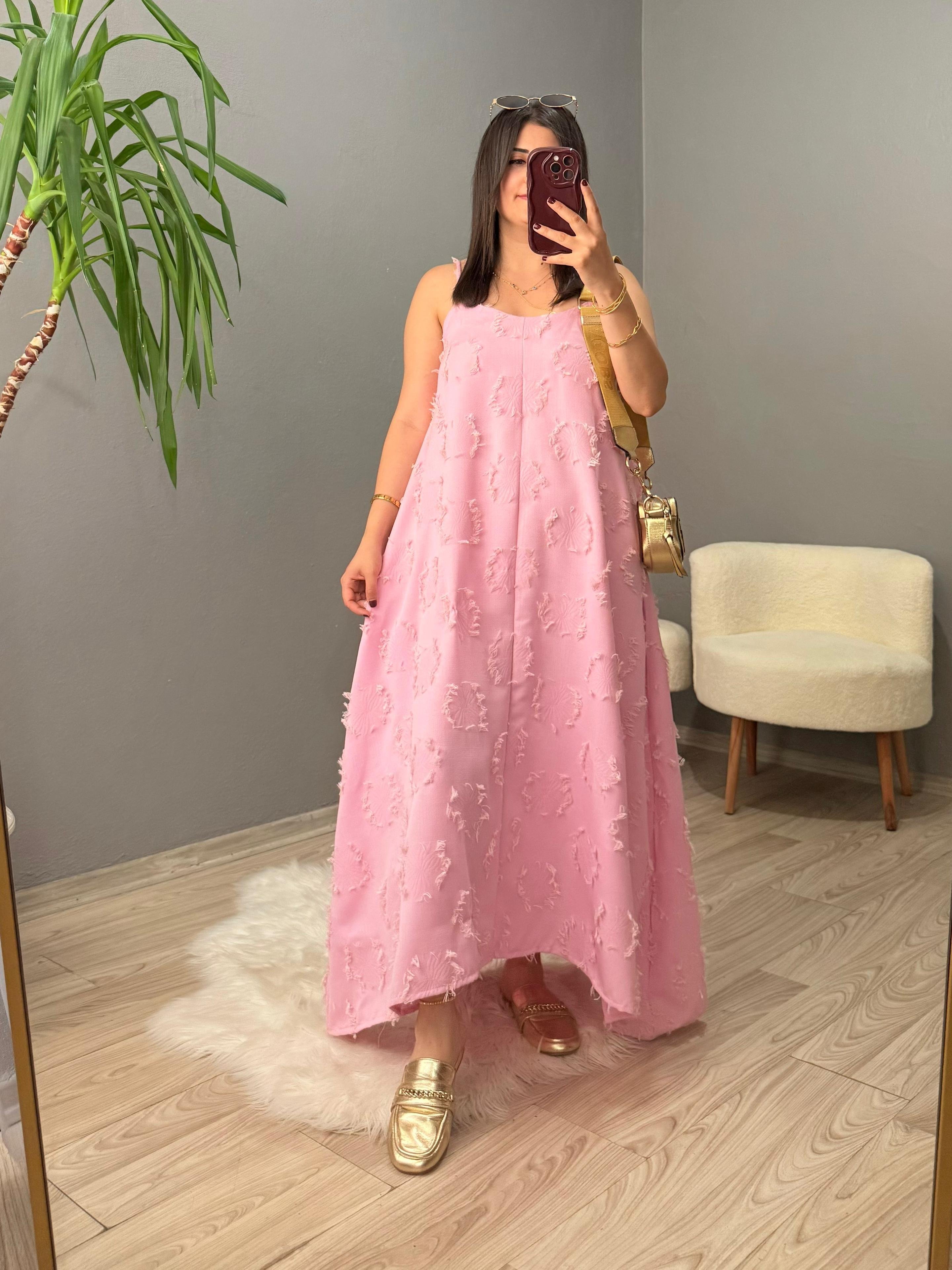 Püskül Detaylı Askılı Elbise - Pembe