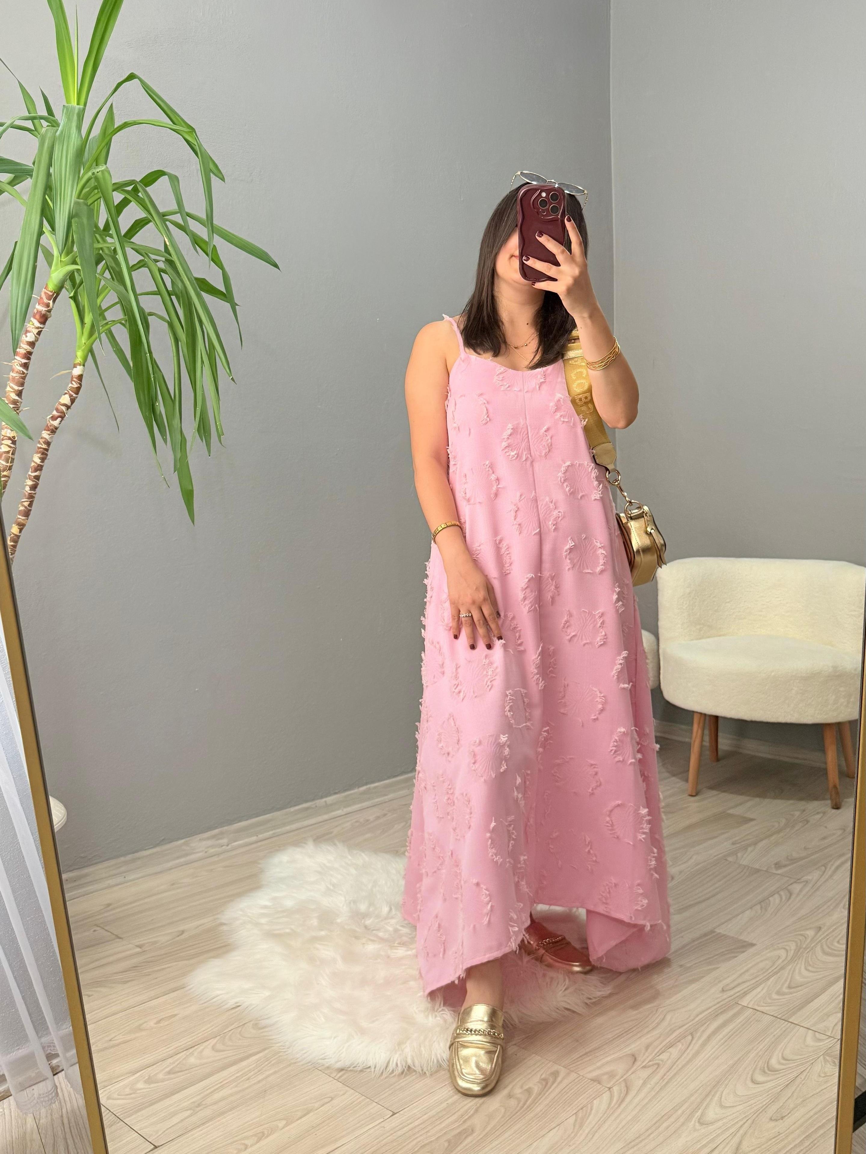 Püskül Detaylı Askılı Elbise - Pembe