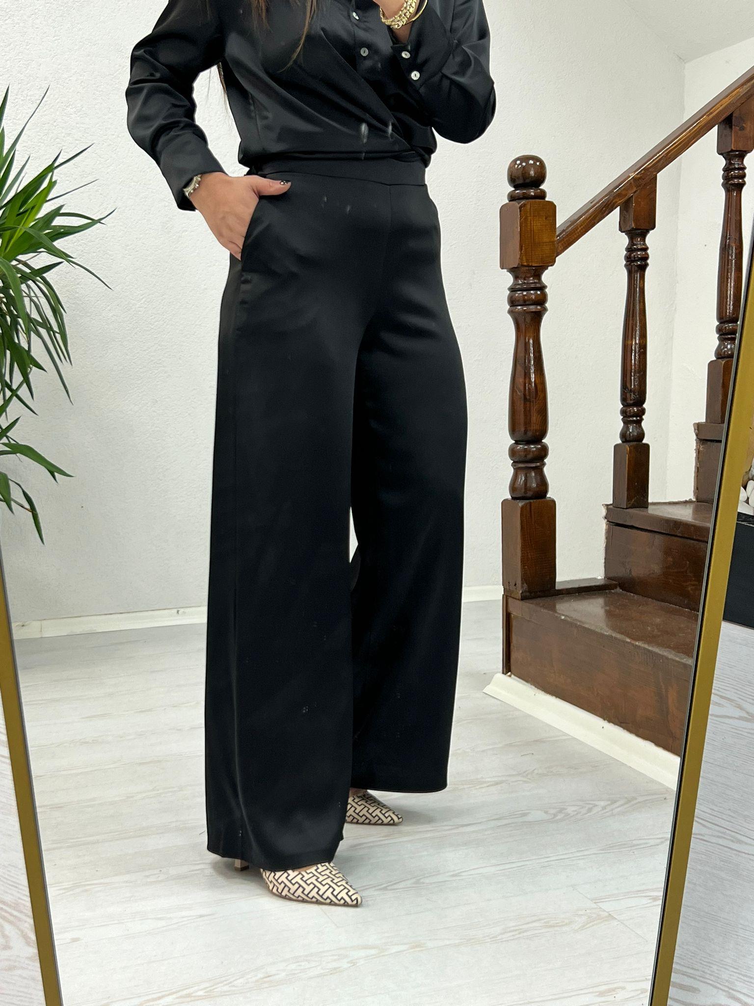 BEL LASTİKLİ SATEN PANTOLON SİYAH - 1217