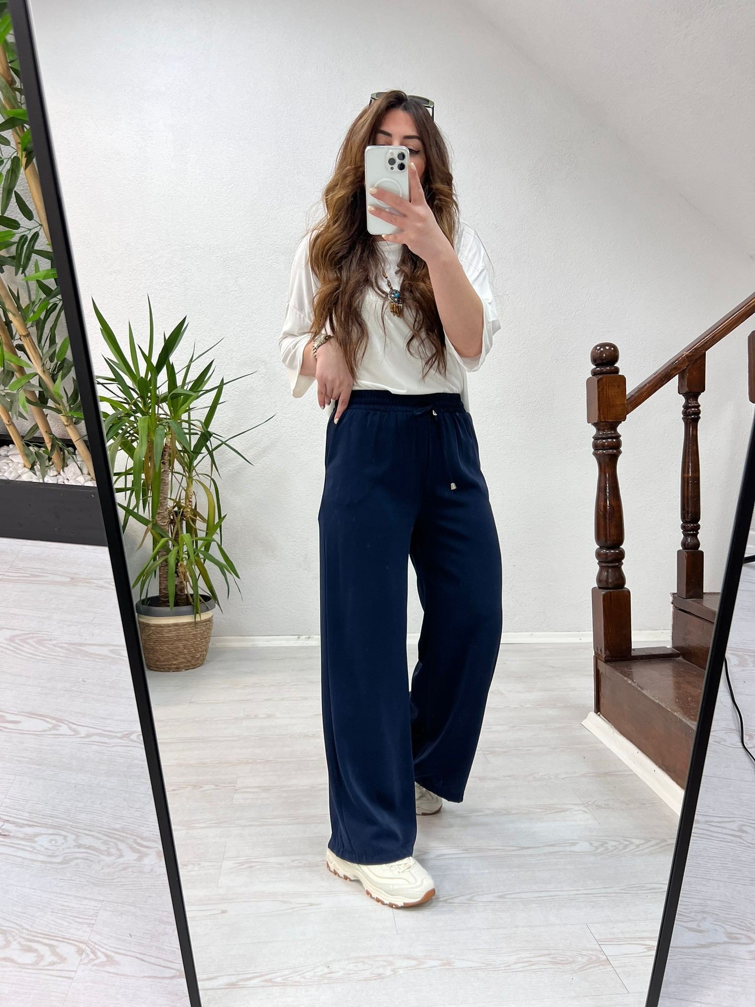 BEL LASTİKLİ TENSEL PANTOLON LACİVERT - 1348