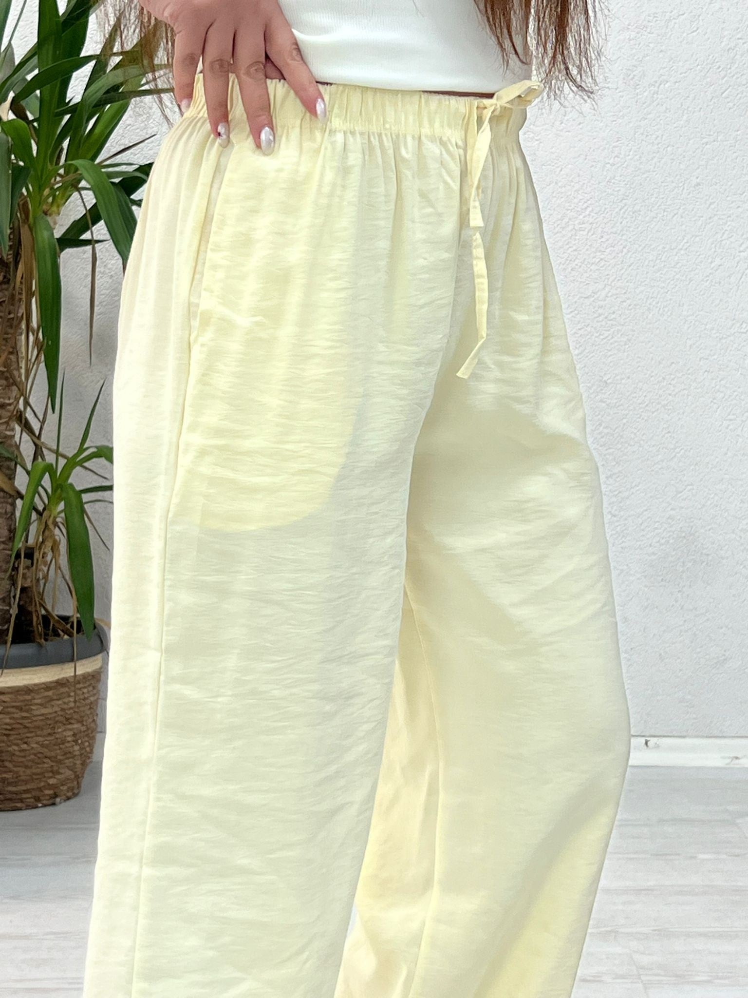 BEL LASTİKLİ TENSEL PANTOLON SARI - 1433
