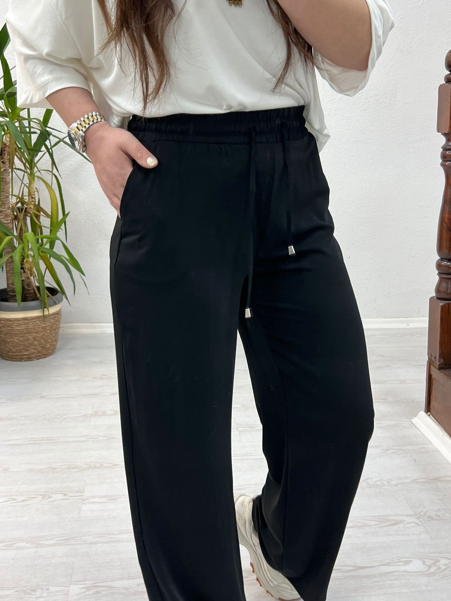 BEL LASTİKLİ TENSEL PANTOLON SİYAH - 1348