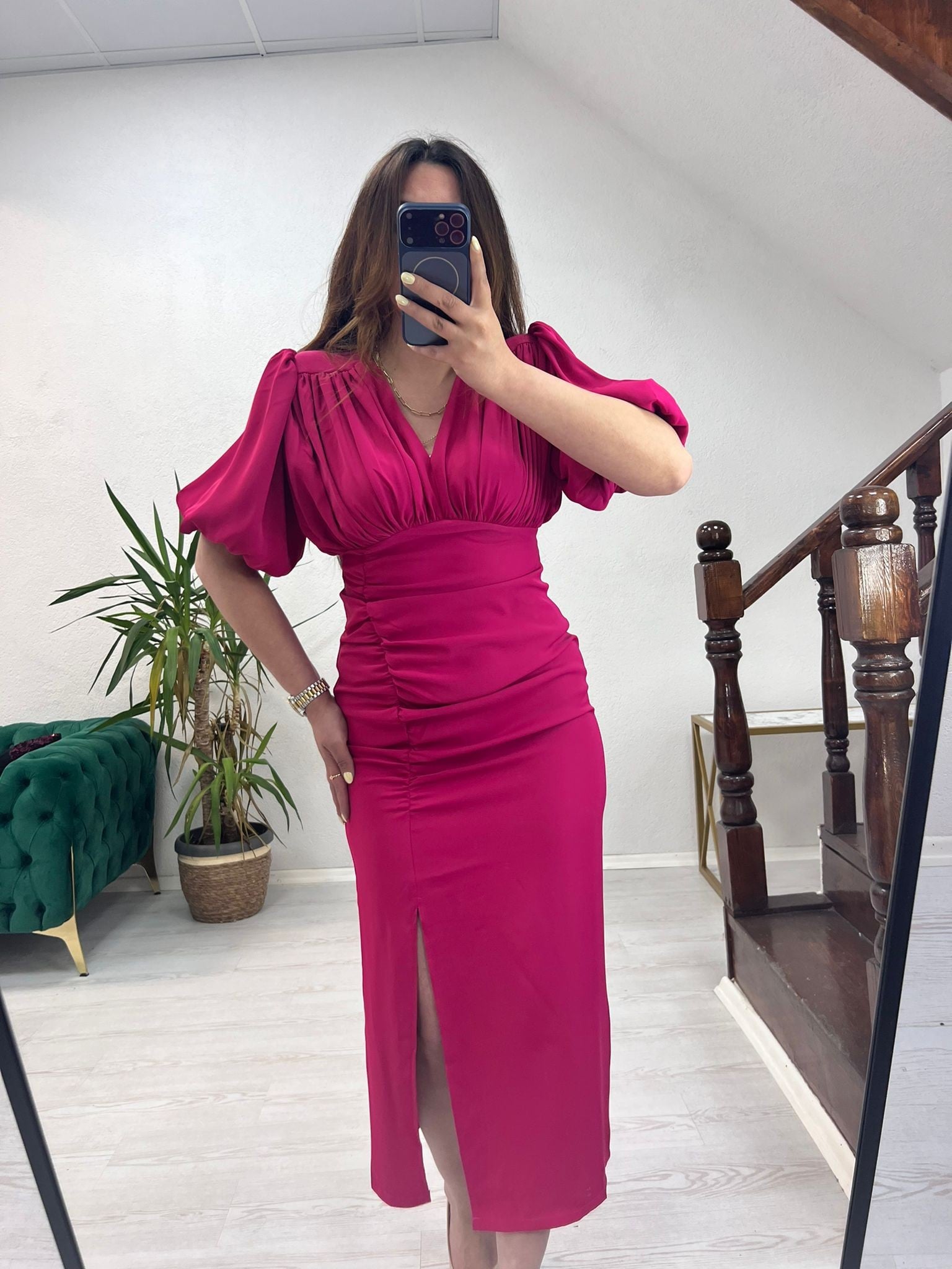 DRAPELİ MİDİ ELBİSE PEMBE - 1377