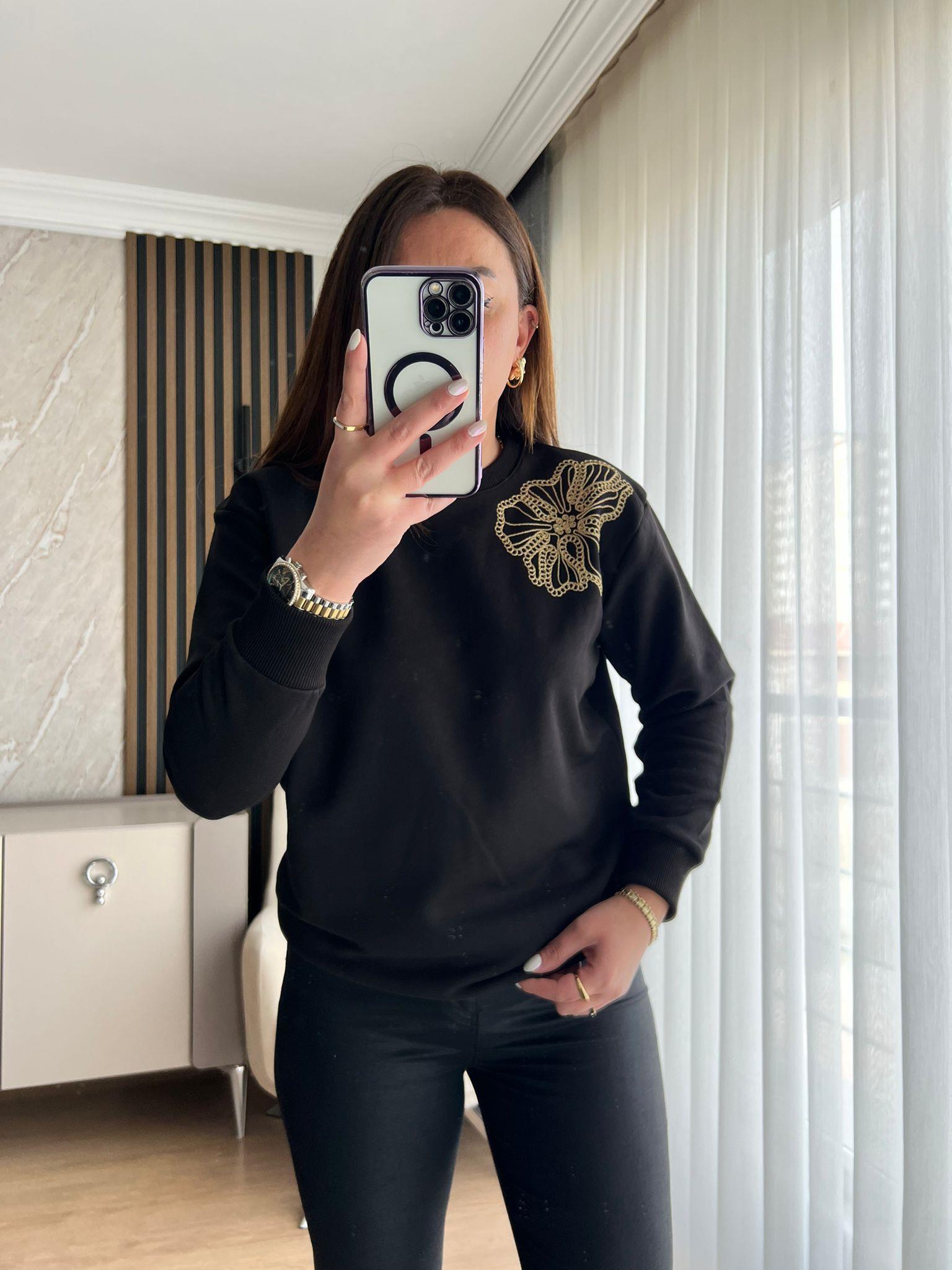 GOLD NAKIŞLI SWEAT SİYAH - 1231