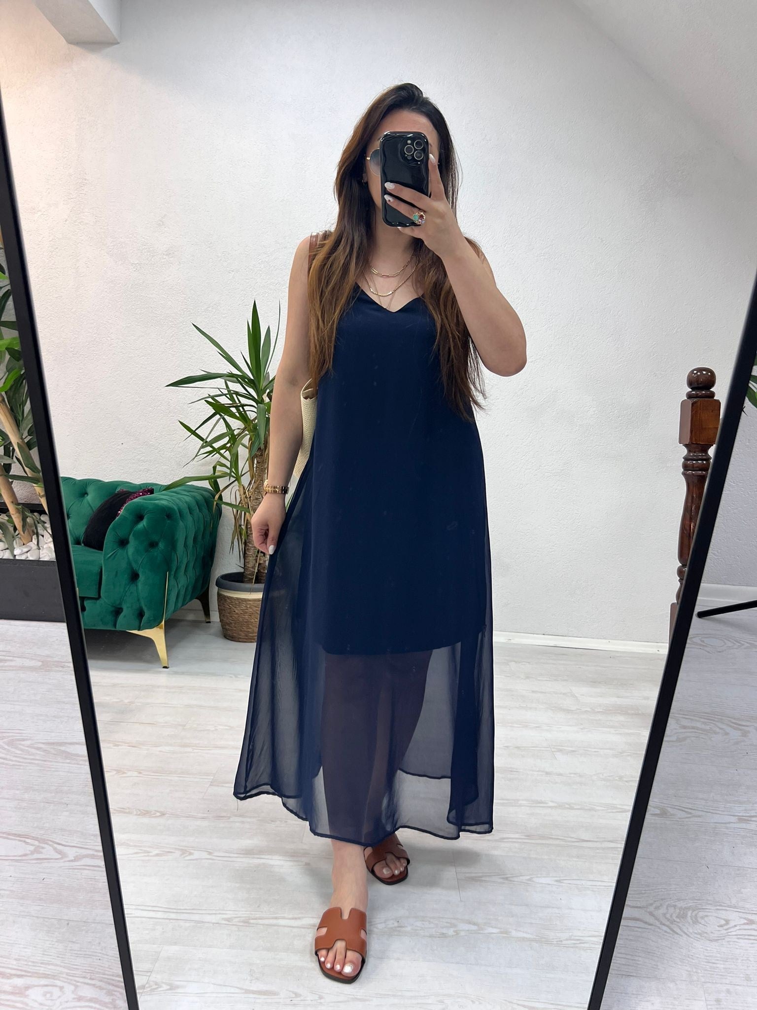 LACİVERT ASTARLI ŞİFON ELBİSE - 1422