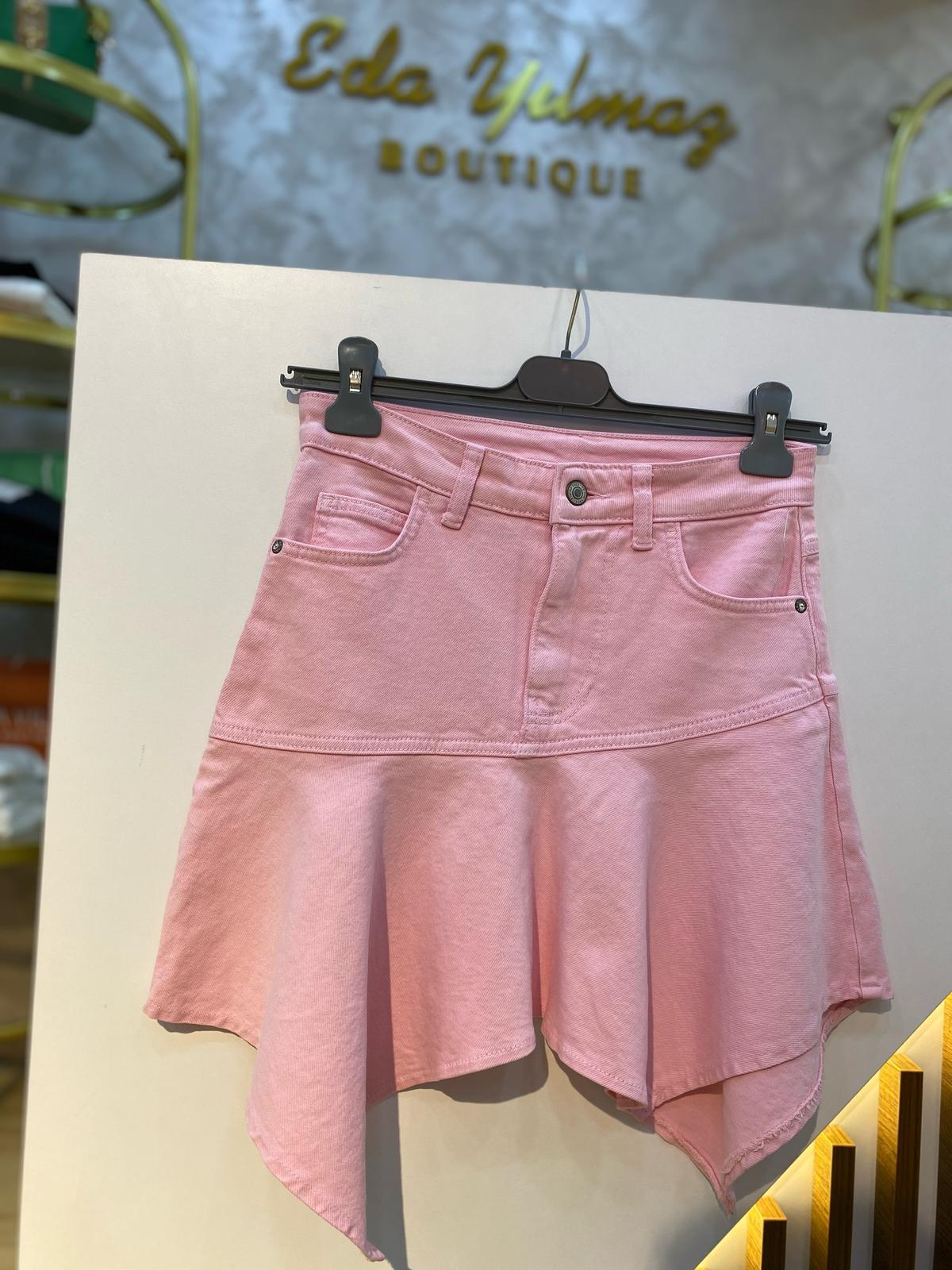 LİKRALI JEAN ETEK PEMBE - 1059