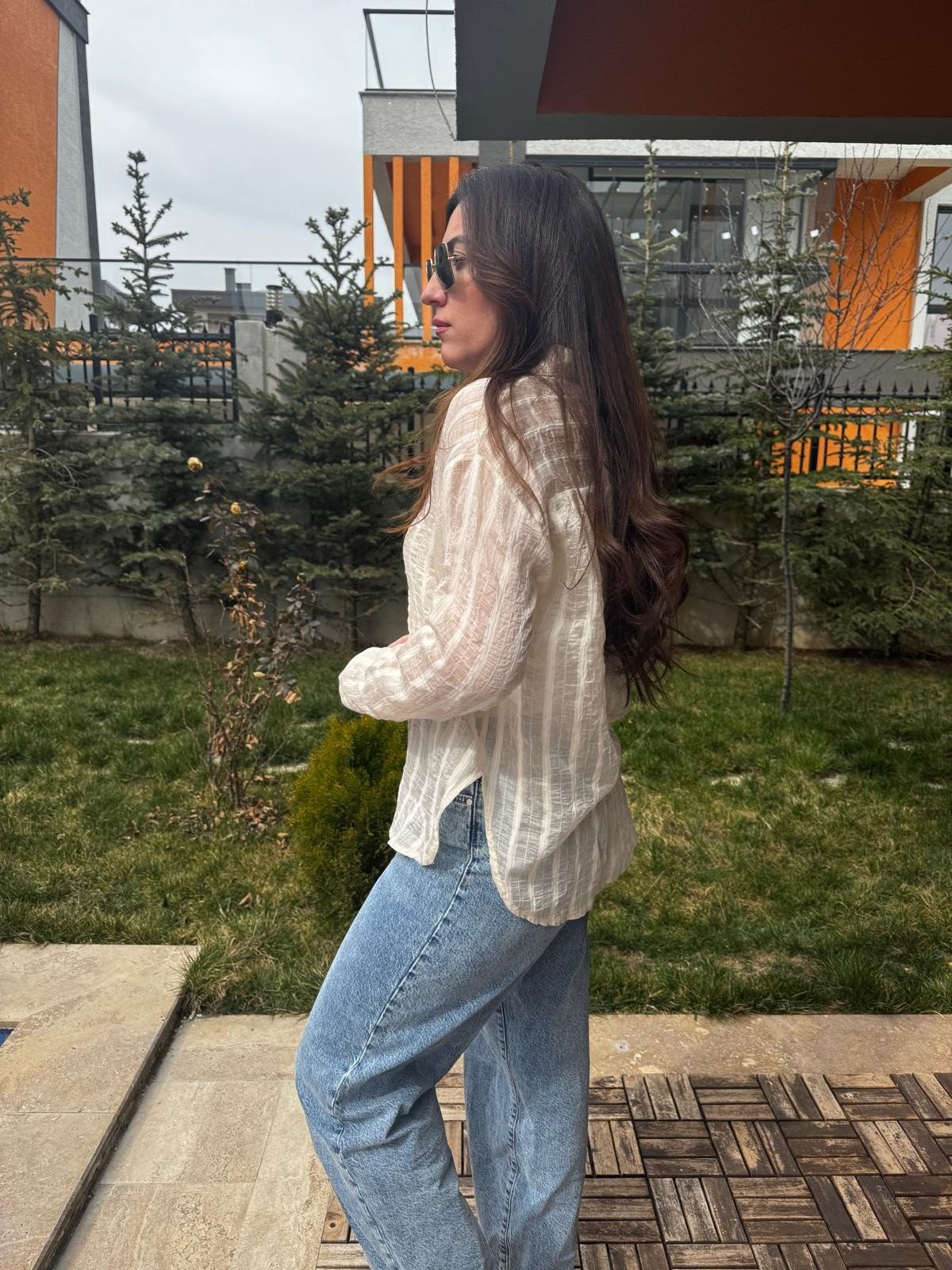 SİM ÇİZGİLİ TÜL GÖMLEK BEJ - 1320