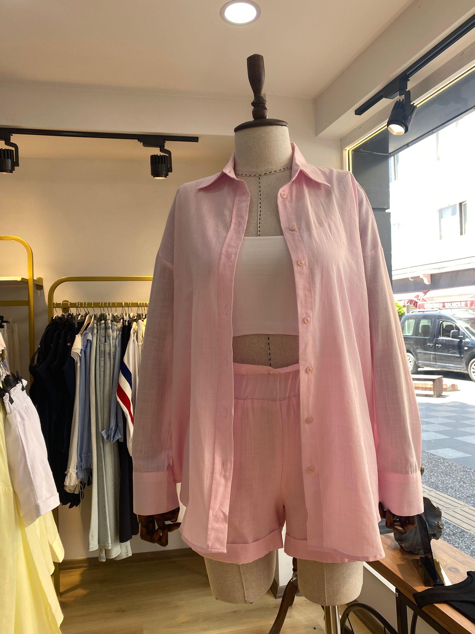 ŞORTLU KETEN TAKIM PEMBE - 1150