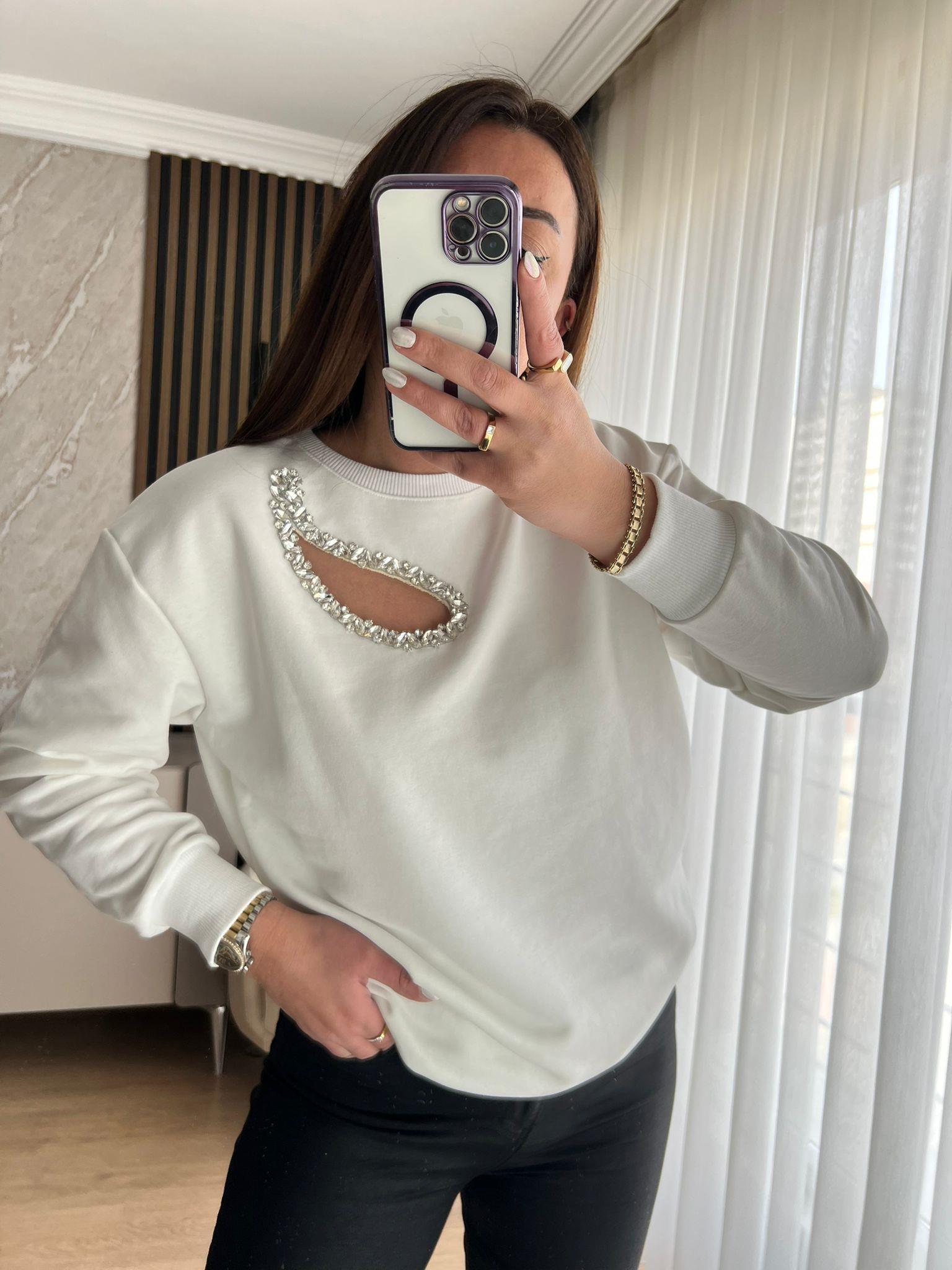 TAŞLI PENCERELİ SWEAT BEYAZ - 1232