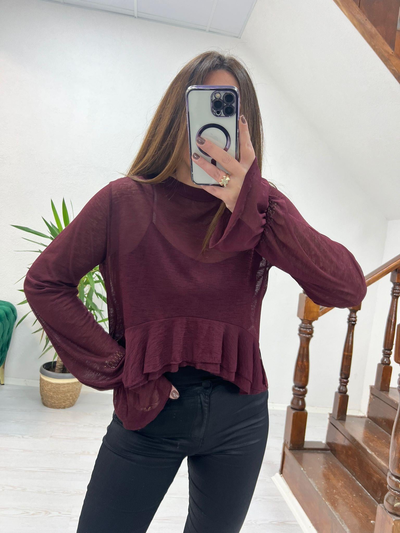 TRANSPARAN BLUZ BORDO - 1255