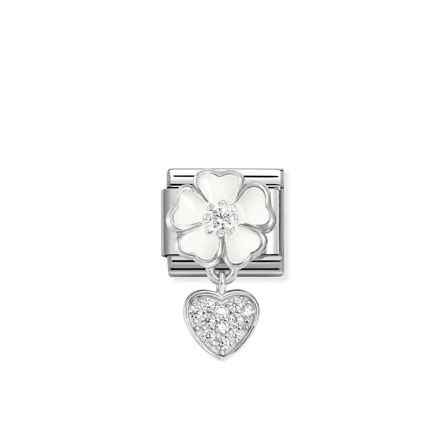 Composable Classic Link Kalp ve Beyaz Çiçek 925 Ayar Gümüş Charm