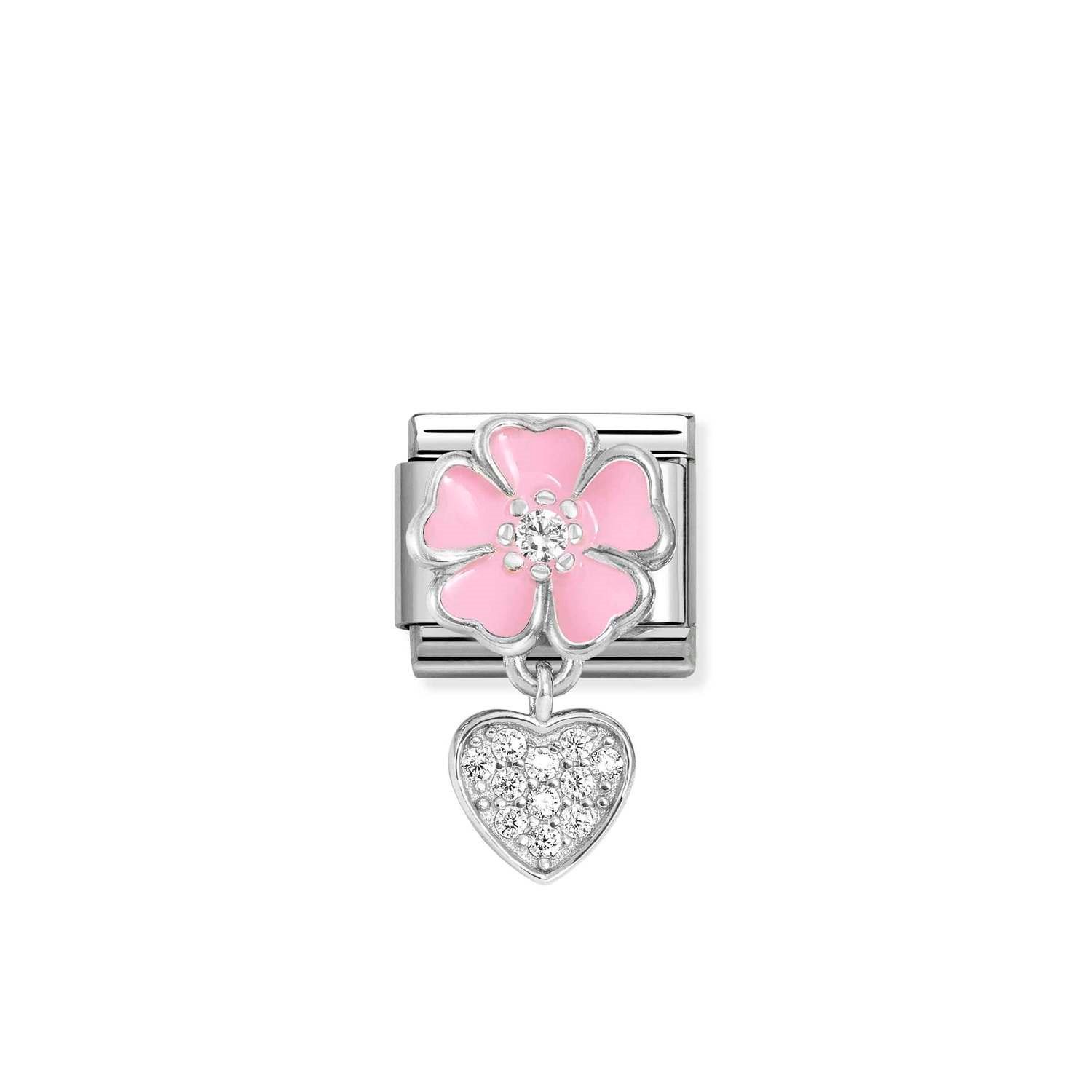Composable Classic Link Kalp ve Pembe Çiçek 925 Ayar Gümüş Charm