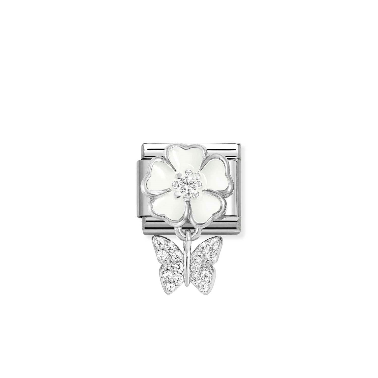Composable Classic Link Kelebek ve Beyaz Çiçek 925 Ayar Gümüş Charm