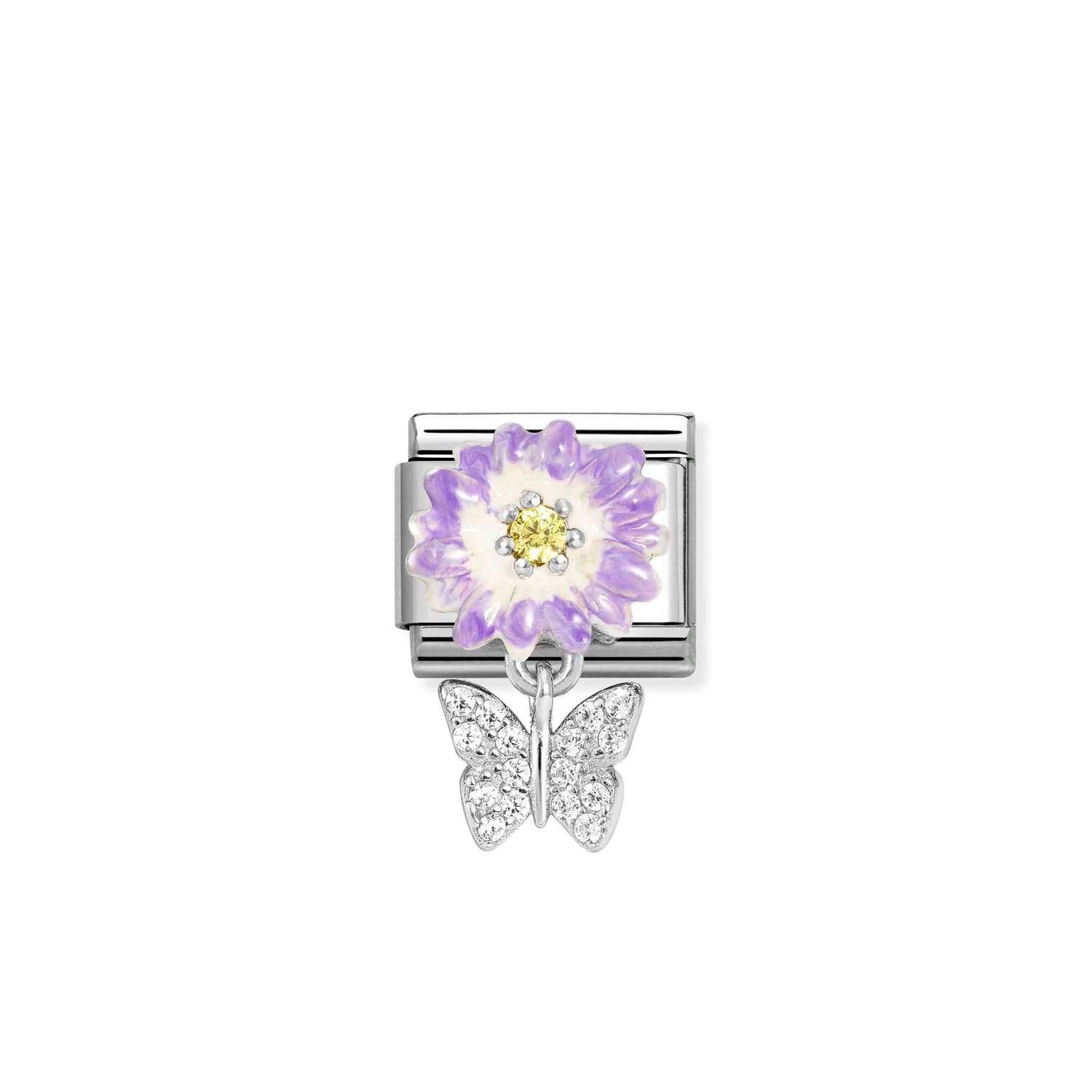 Composable Classic Link Kelebek ve Lila Çiçek 925 Ayar Gümüş Charm