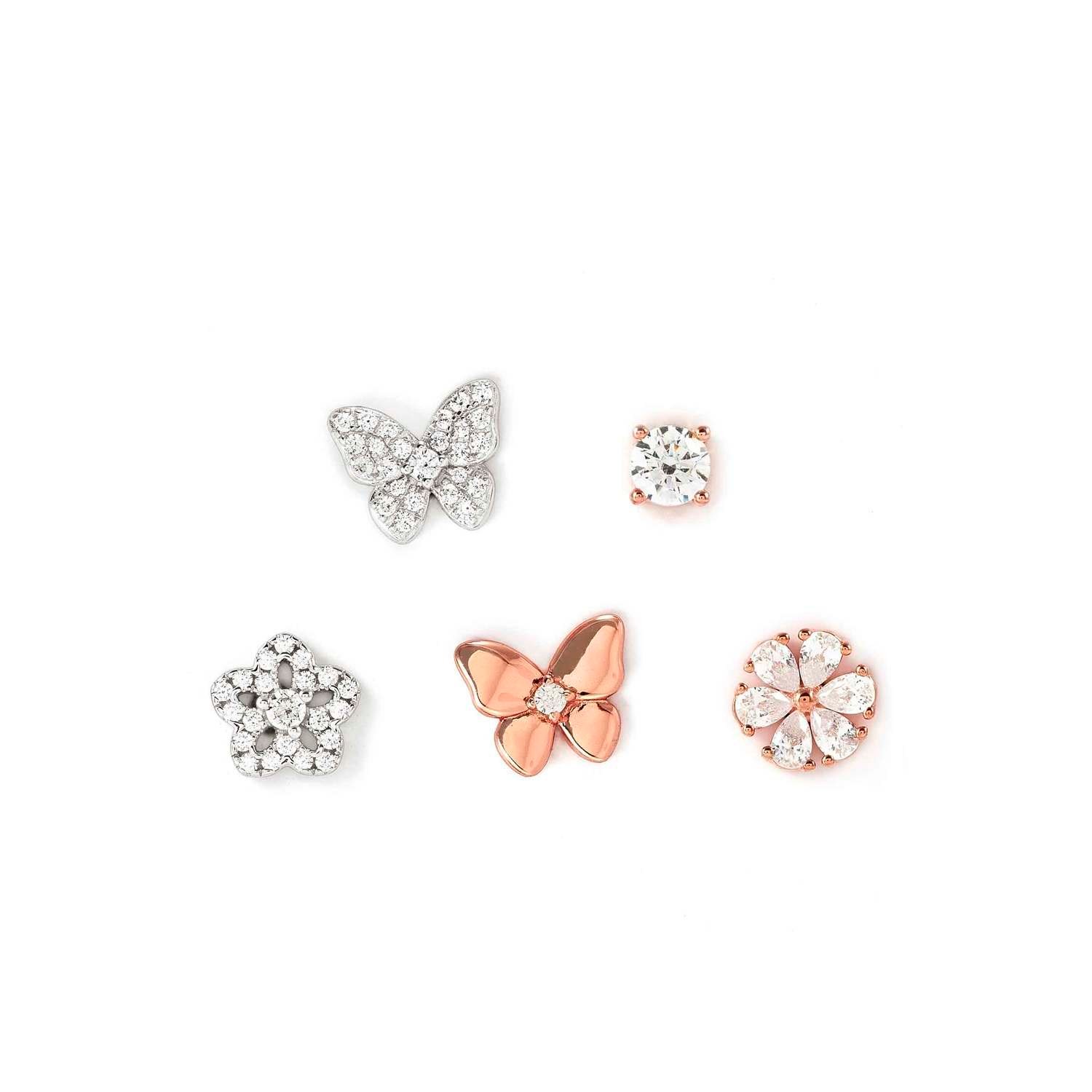 SweetMadame Beyaz Zirkon Taşlı Karışık Figürler 925 Ayar Gümüş 22 Ayar Rose Gold Küpe 5'li