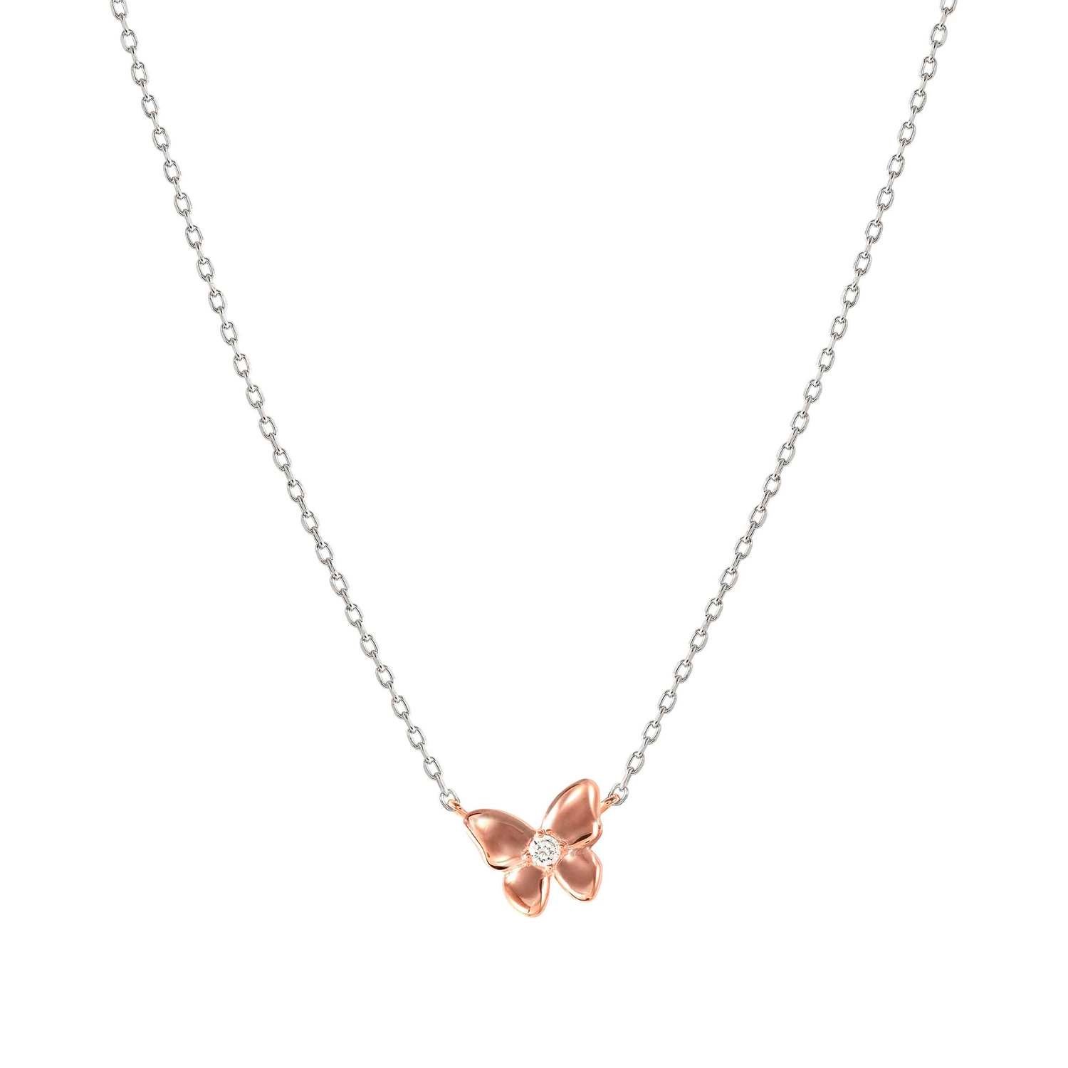 SweetMadame Beyaz Zirkon Taşlı Kelebek Uçlu 925 Ayar Gümüş 22 Ayar Rose Gold Kolye