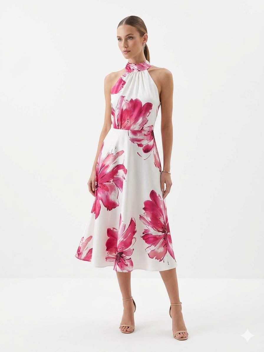 Halter Yaka Çiçek Desenli Midi Elbise