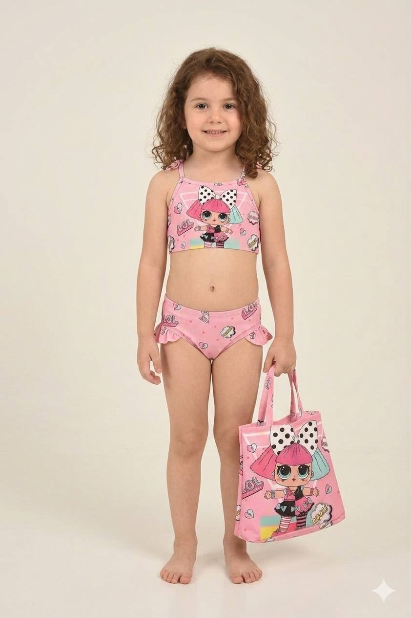 Kız Çocuk Çantalı Puantiyeli Pembe Bikini Takımı
