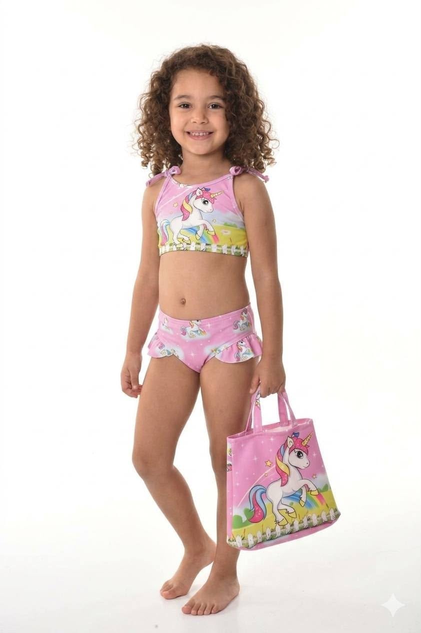 Kız Çocuk Çantalı Unicorn Pembe Bikini Takımı