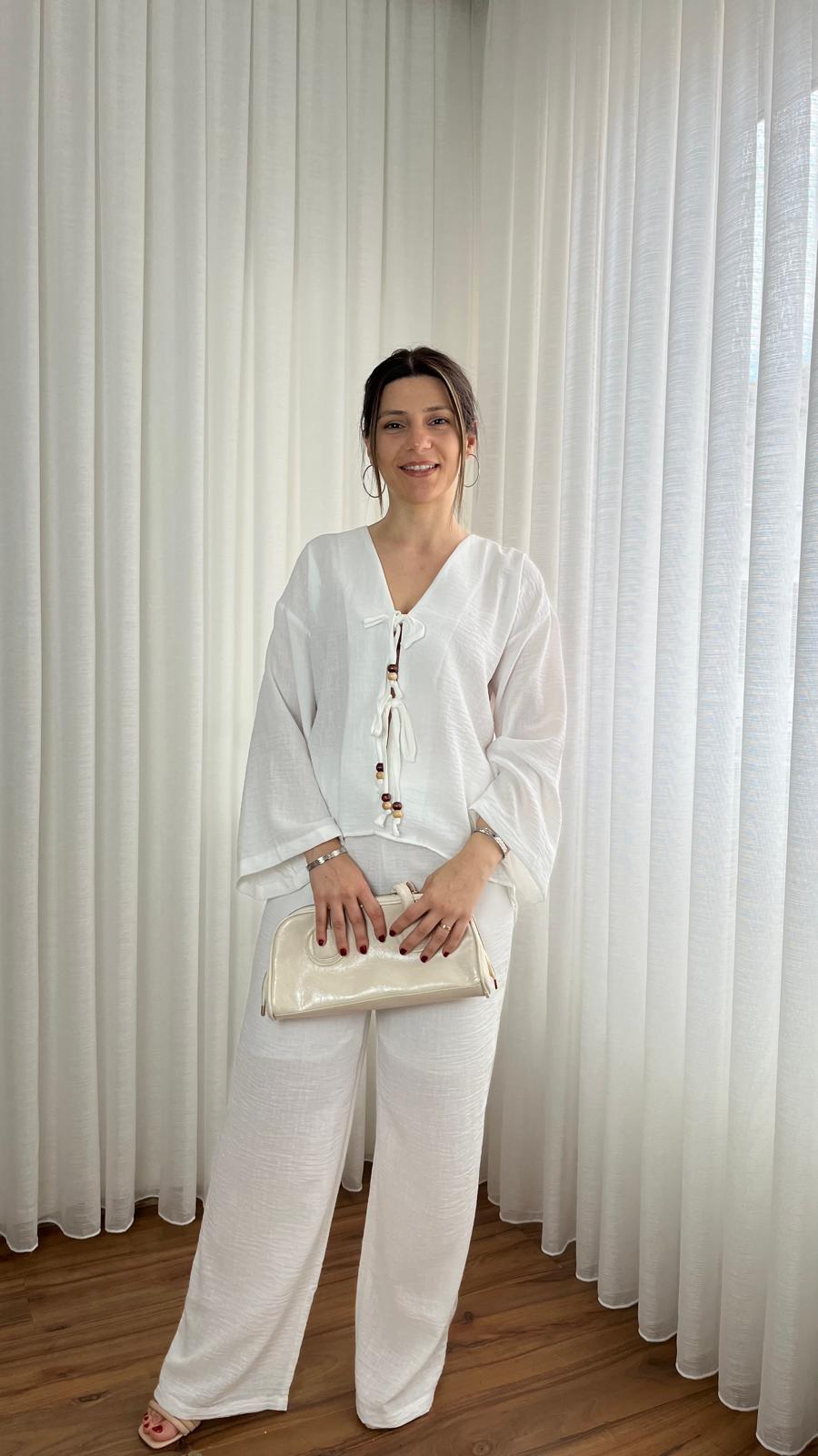 Beyaz Bağlamalı Müslin Pantolon Takım