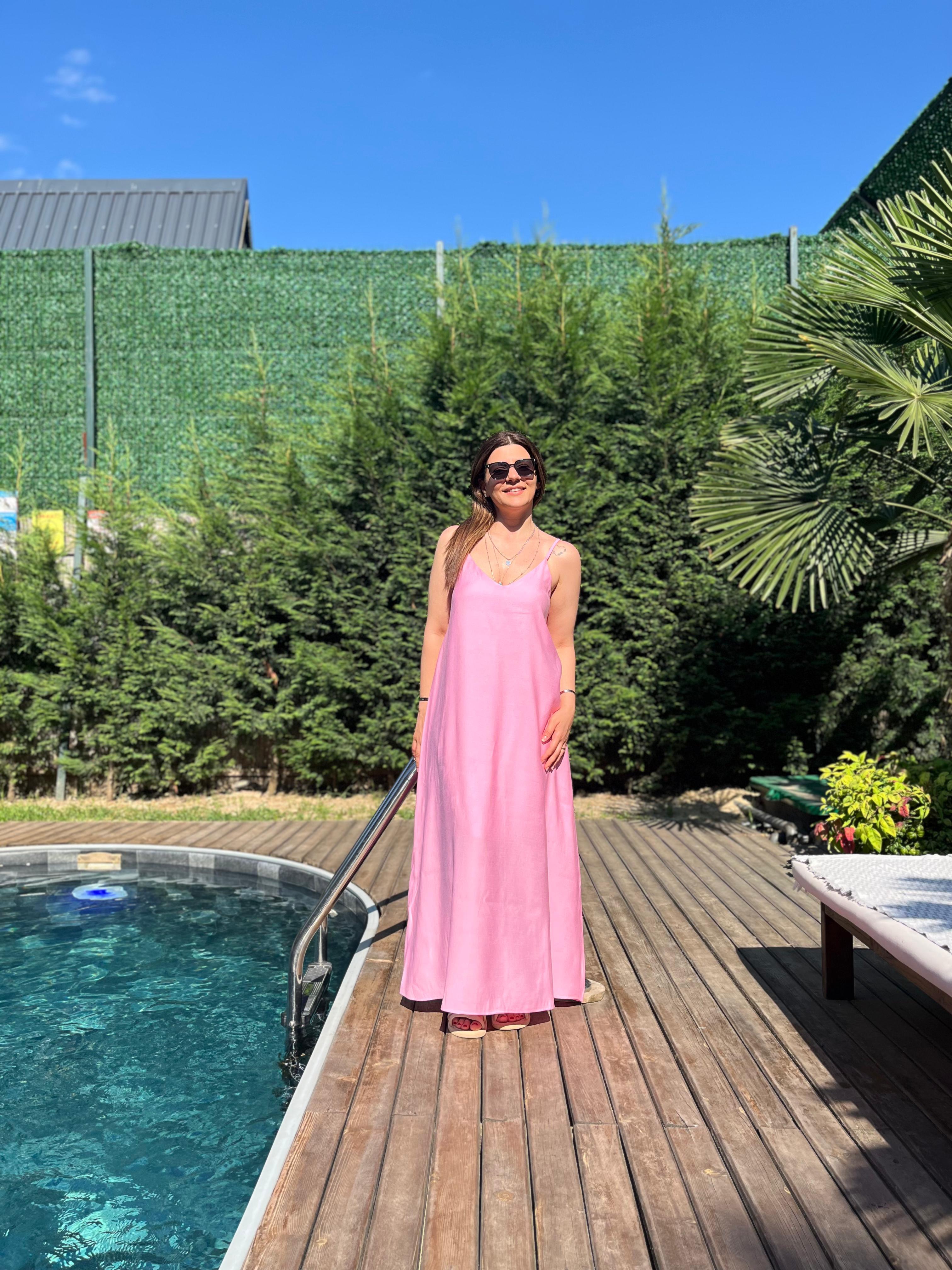 Pembe İp Askılı Elbise