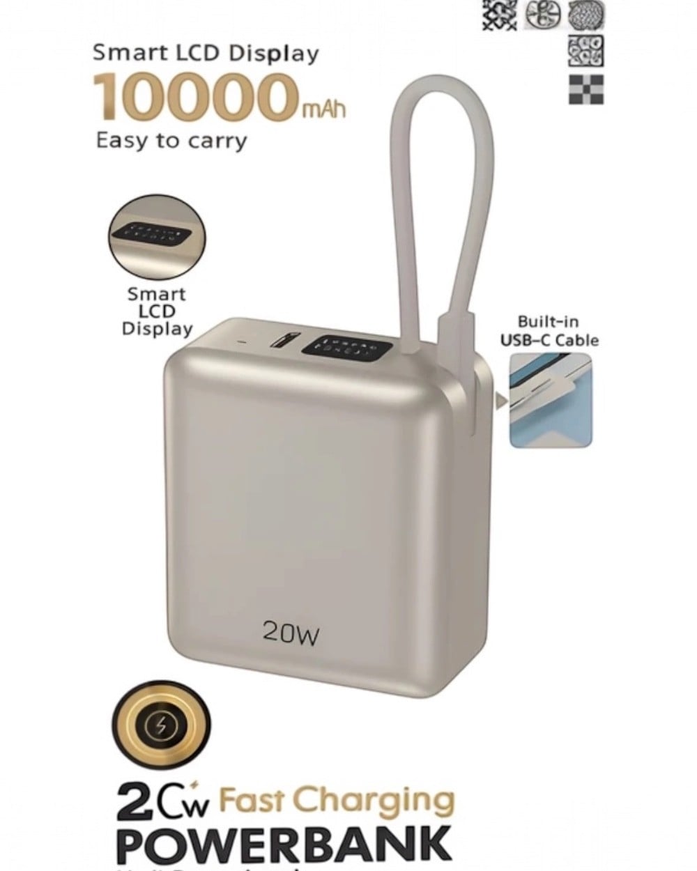 Powerbank10.000 mAh 20W Hızlı Şarj Kendinden Type-C Kablolu Lcd Mini Powerbank Taşınabilir Şarj Cihazı
