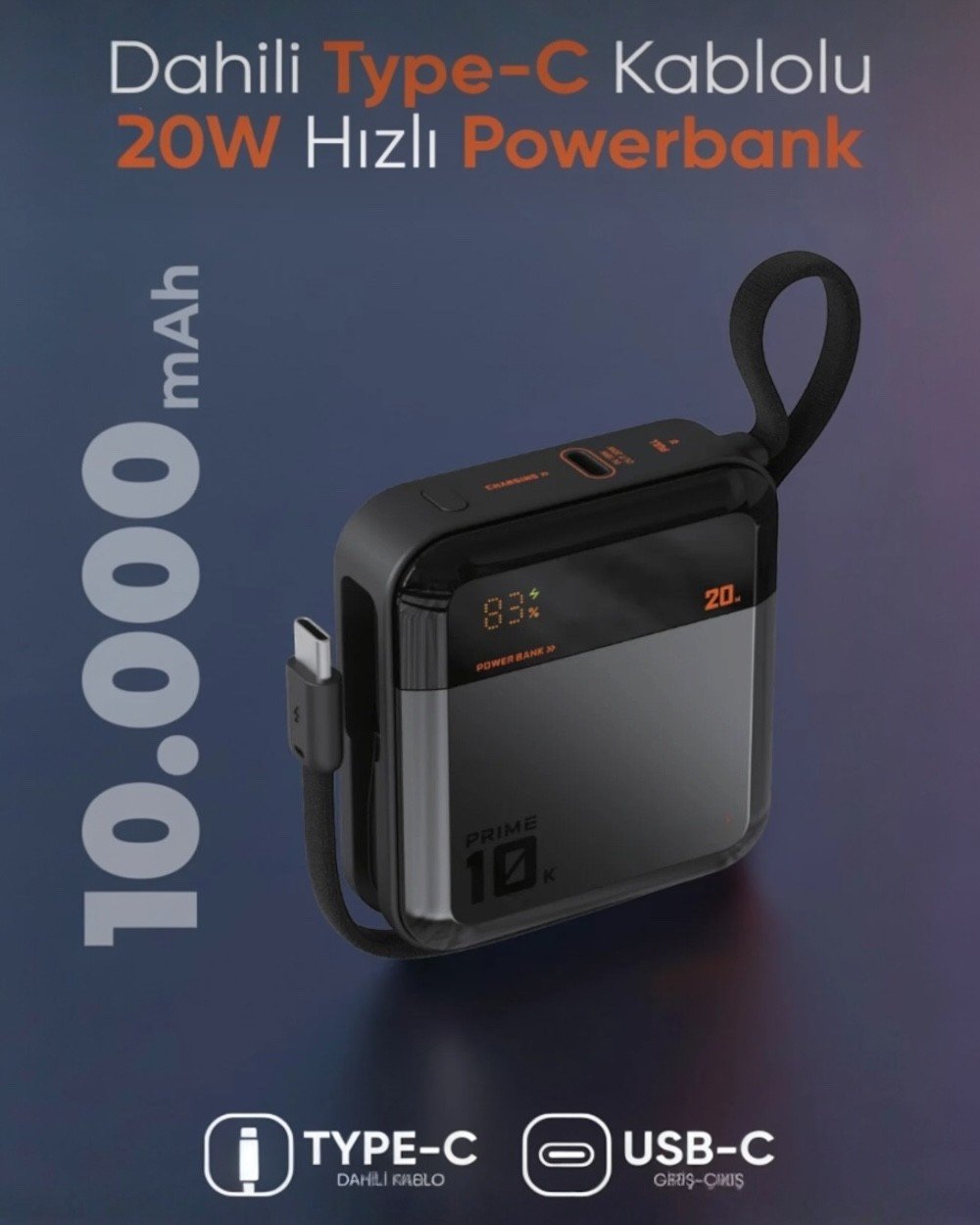 Powerbank10.000 mAh 20W Hızlı Şarjlı Çift Type-C Kendinden Kablolu Lcd Göstergeli Mini Powerbank