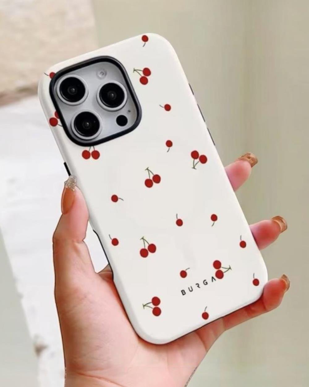 Iphone Uyumlu BURGA Çift Tabanlı Dayanıklı Cherry Desenli Kılıf