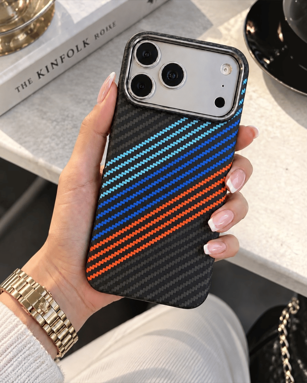 Telefon KılıfıIphone Uyumlu Metal Çerçeveli Prestige Karbonfiber Magsafe Destekli Kılıf