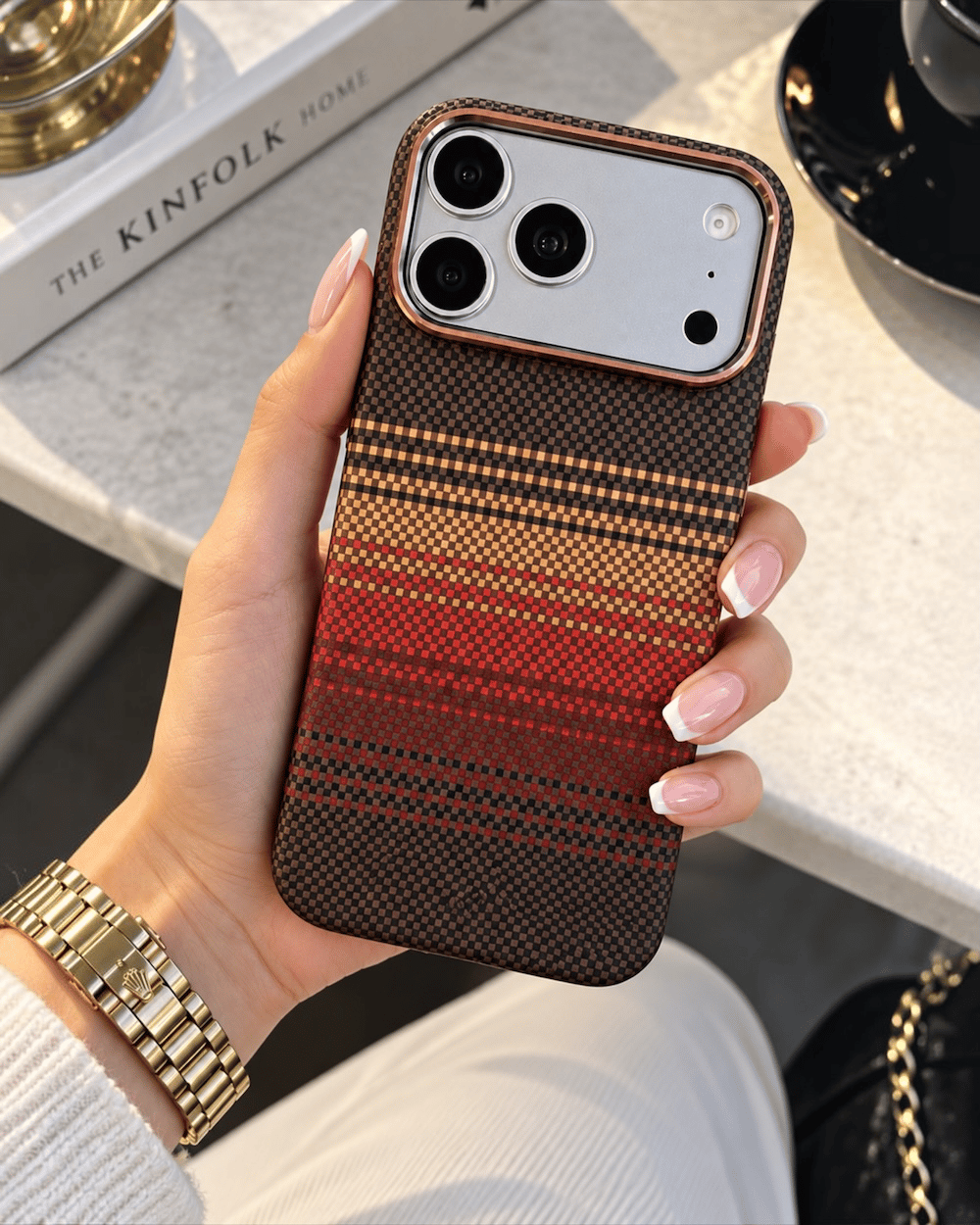 Telefon KılıfıIphone Uyumlu Metal Çerçeveli Prestige Karbonfiber Magsafe Destekli Kılıf