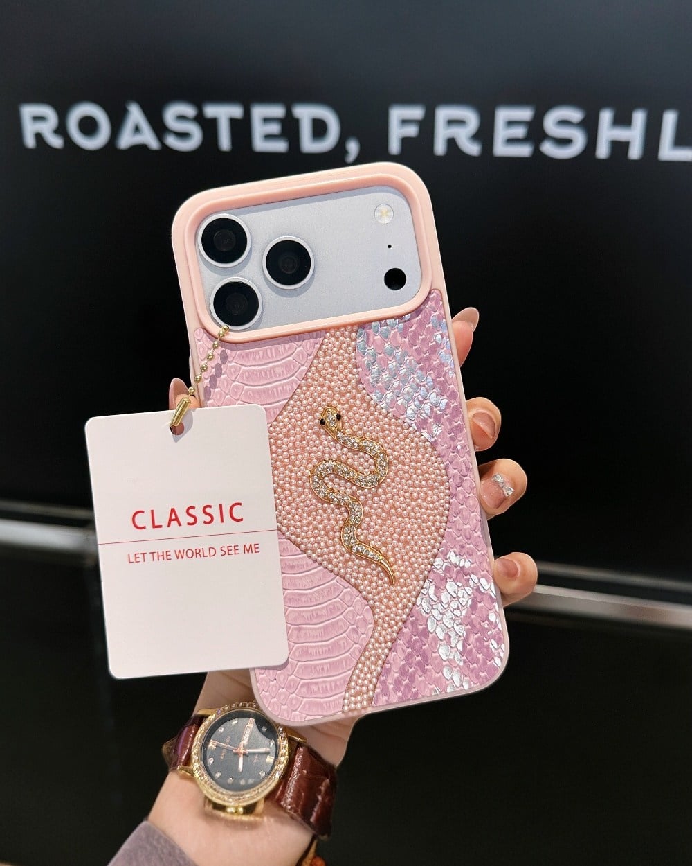 Telefon KılıfıIphone Uyumlu Yılan Derisi Dokulu Taşlı Yılanlı Premium Kılıf
