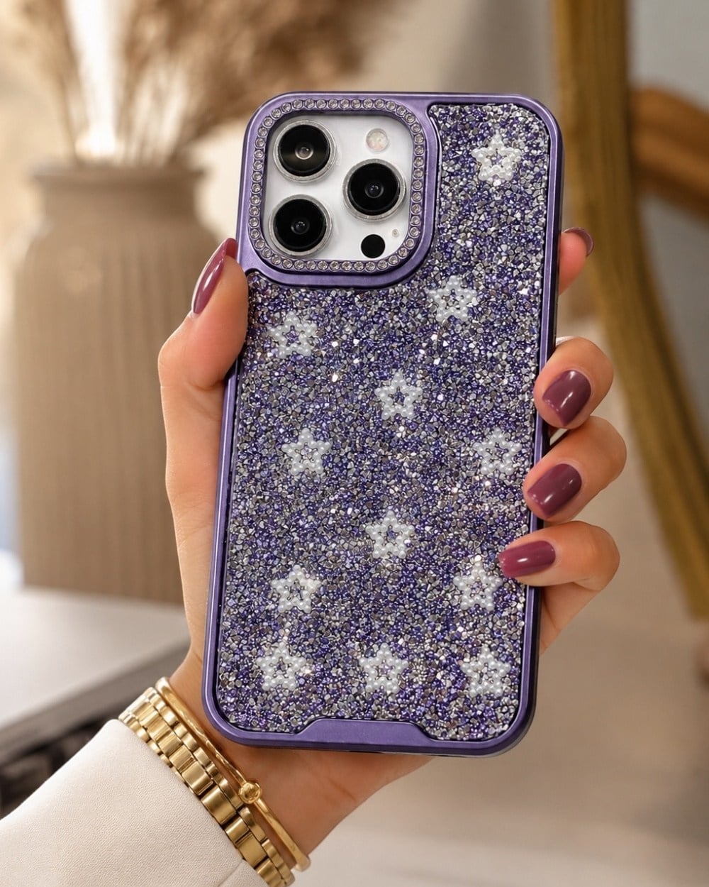 Telefon KılıfıIphone Uyumlu Yıldız Tasarımlı Full Parlak Taş Yüzeyli Lüks Premium Kılıf