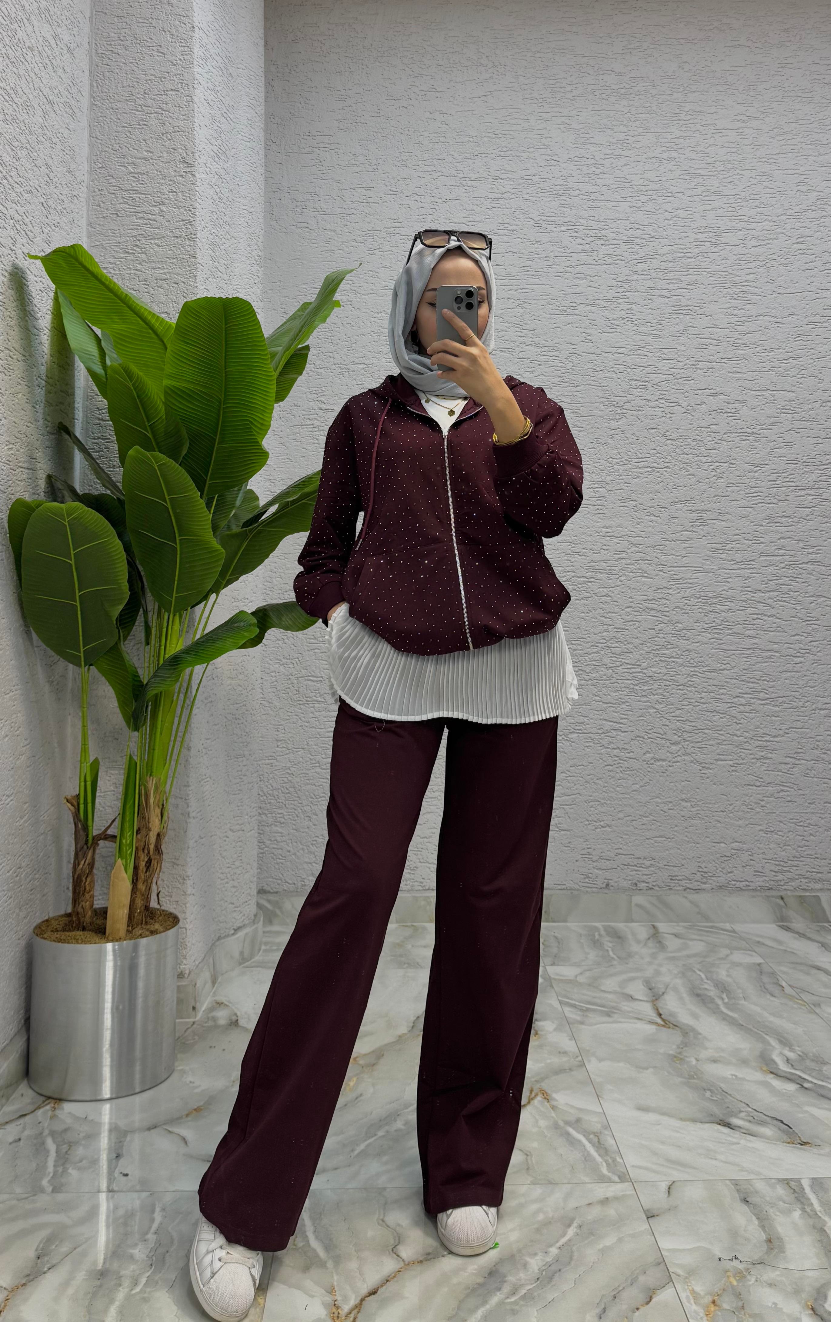 Taşlı Kapüşonlu Takım | Bordo