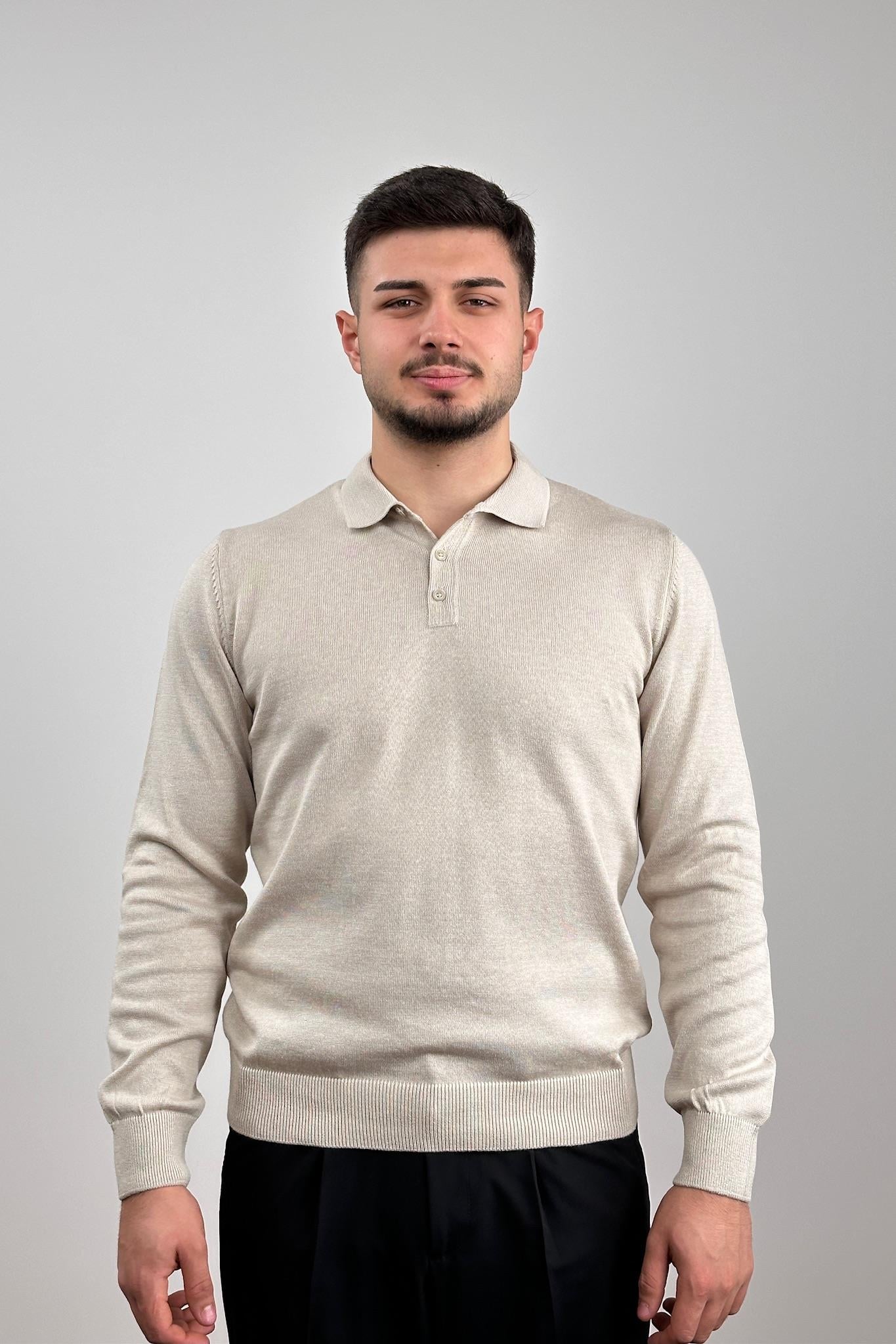 Düğmeli Polo Yaka Triko - Taş