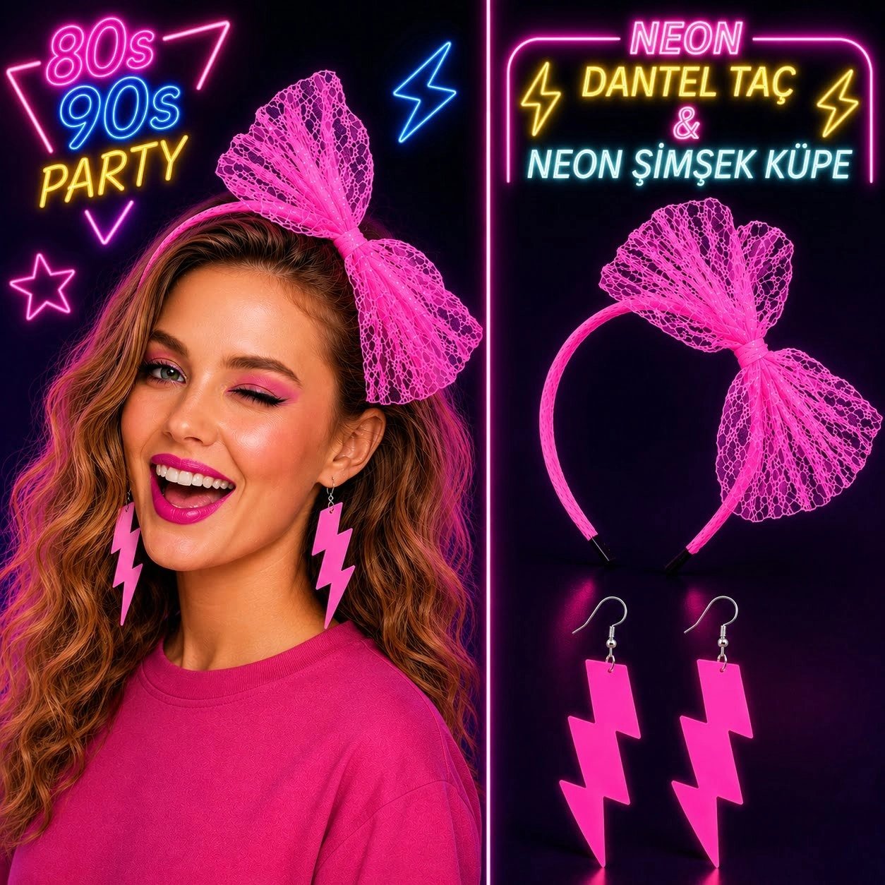 Neon Pembe Dantel Taç Ve Şimşek Küpe 8039ler 9039lar Parti Seti